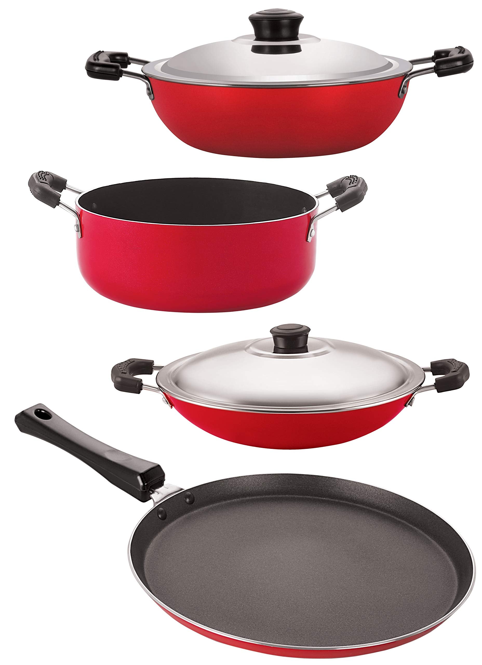 Nirlon NonStick 4 Piece Gas Compatible Pfoa Free Kitchenware Essential Set With Bakelite Handle, Red And Black
