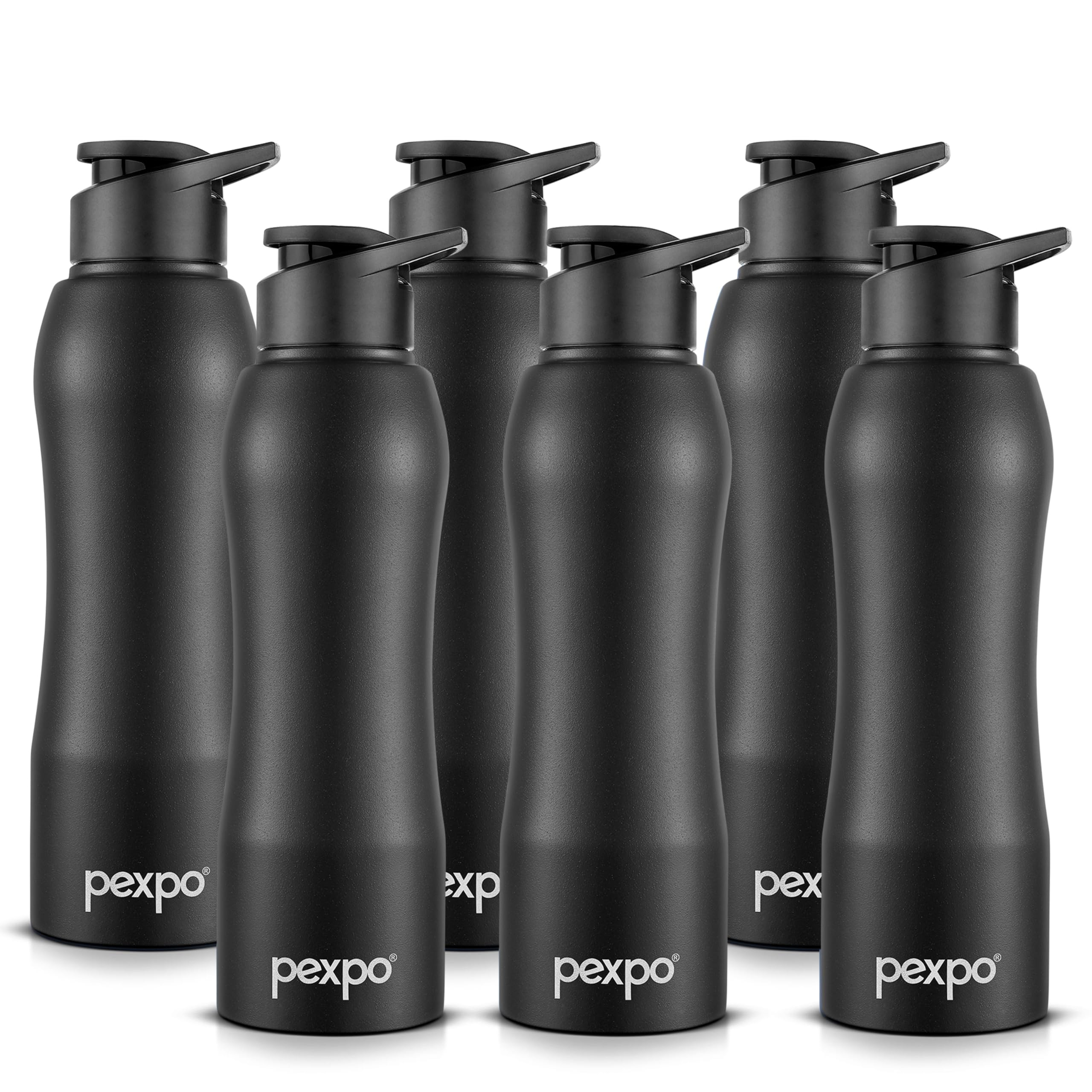 Pexpo Bistro Isi Certified Stainless Steel Fridge/Sports Sipper Water Bottle 1 Litre, Knight Black, Pack Of 6|Single Wall|Easy G