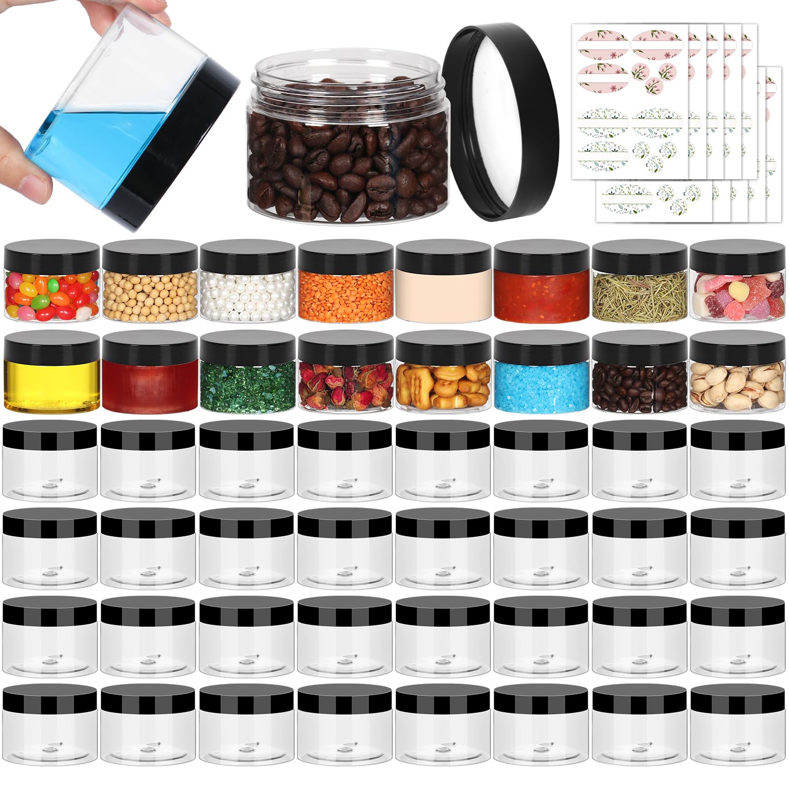 Jaisie.W 4Oz Plastic Containers With Lids 48Pack, Clear 4 Oz Plastic Jars With Lids&Labels- Refillable Cosmetic Small Containers