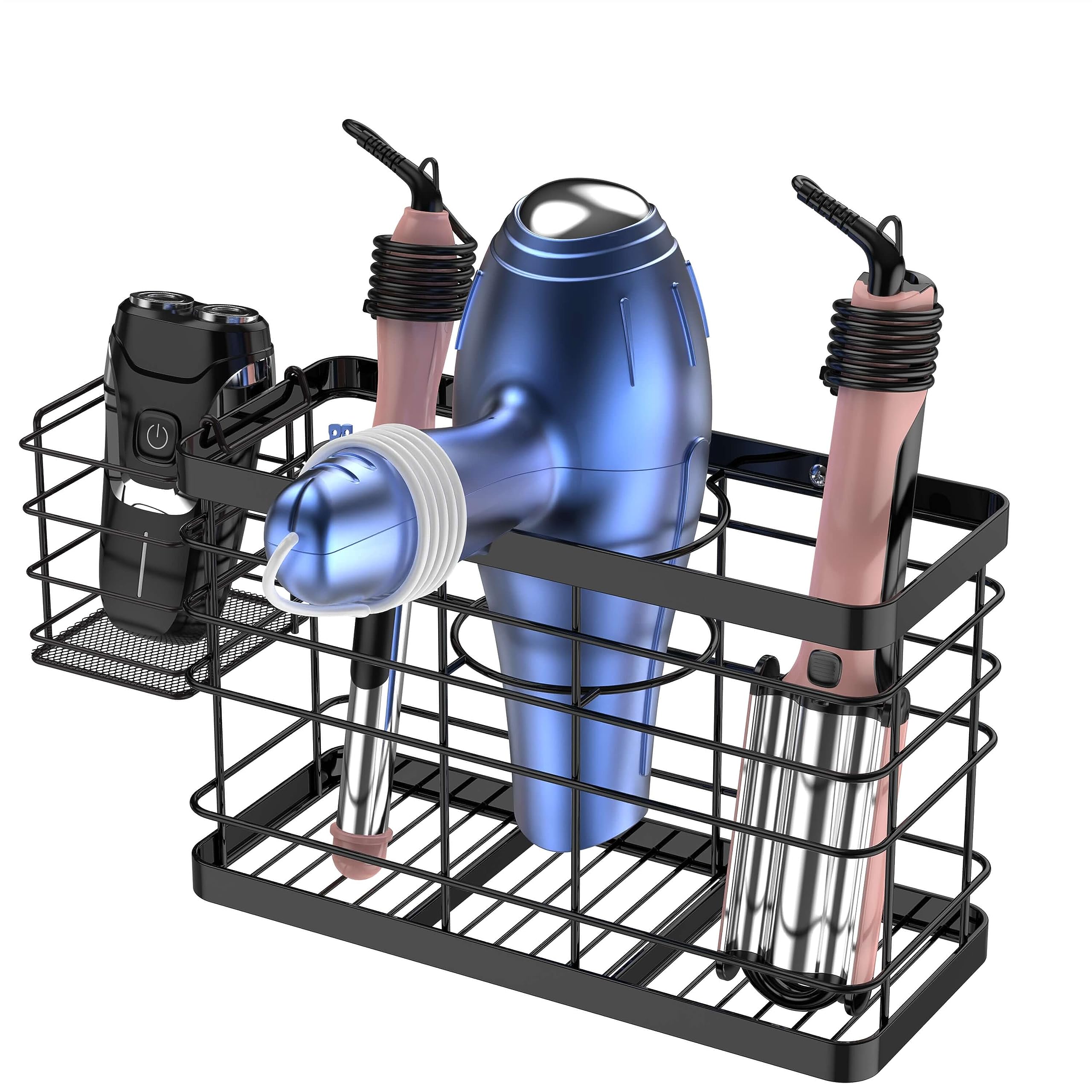 Vecallo Hair Tool Organizer - Black Steel Wall Mounted Hair Dryer Holder With Removable Basket, 10.62''L X 4.33''W X 6.69''H, Id