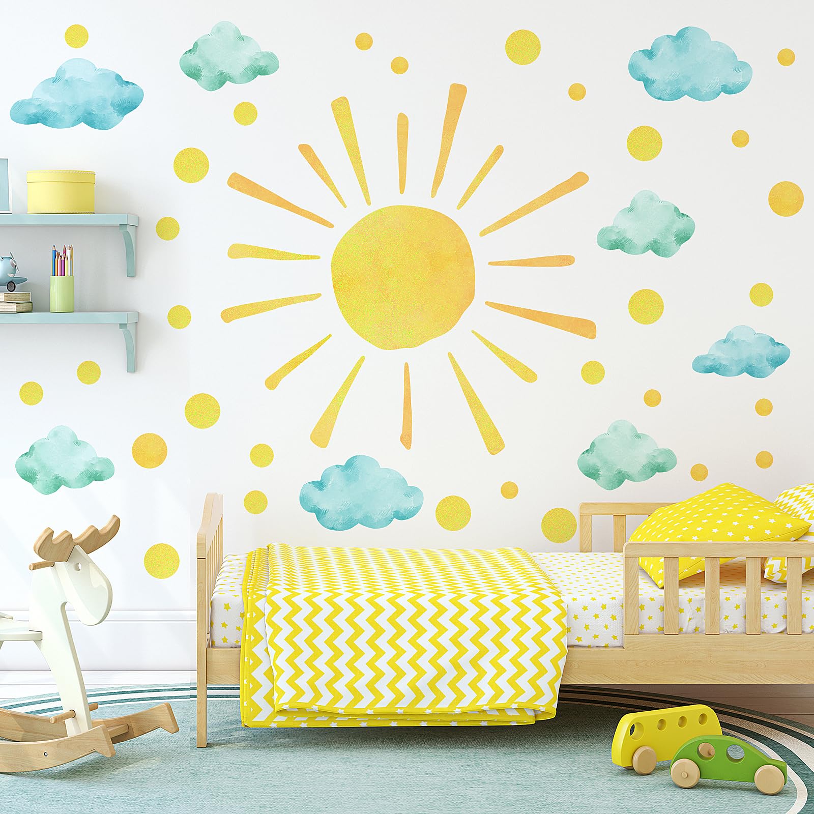 Sun And Clouds Wall Decals Polka Dots Decal Watercolor Boho Sun Wall Decals Peel And Stick, Pvc Sunrise Wall Stickers Sunshine W