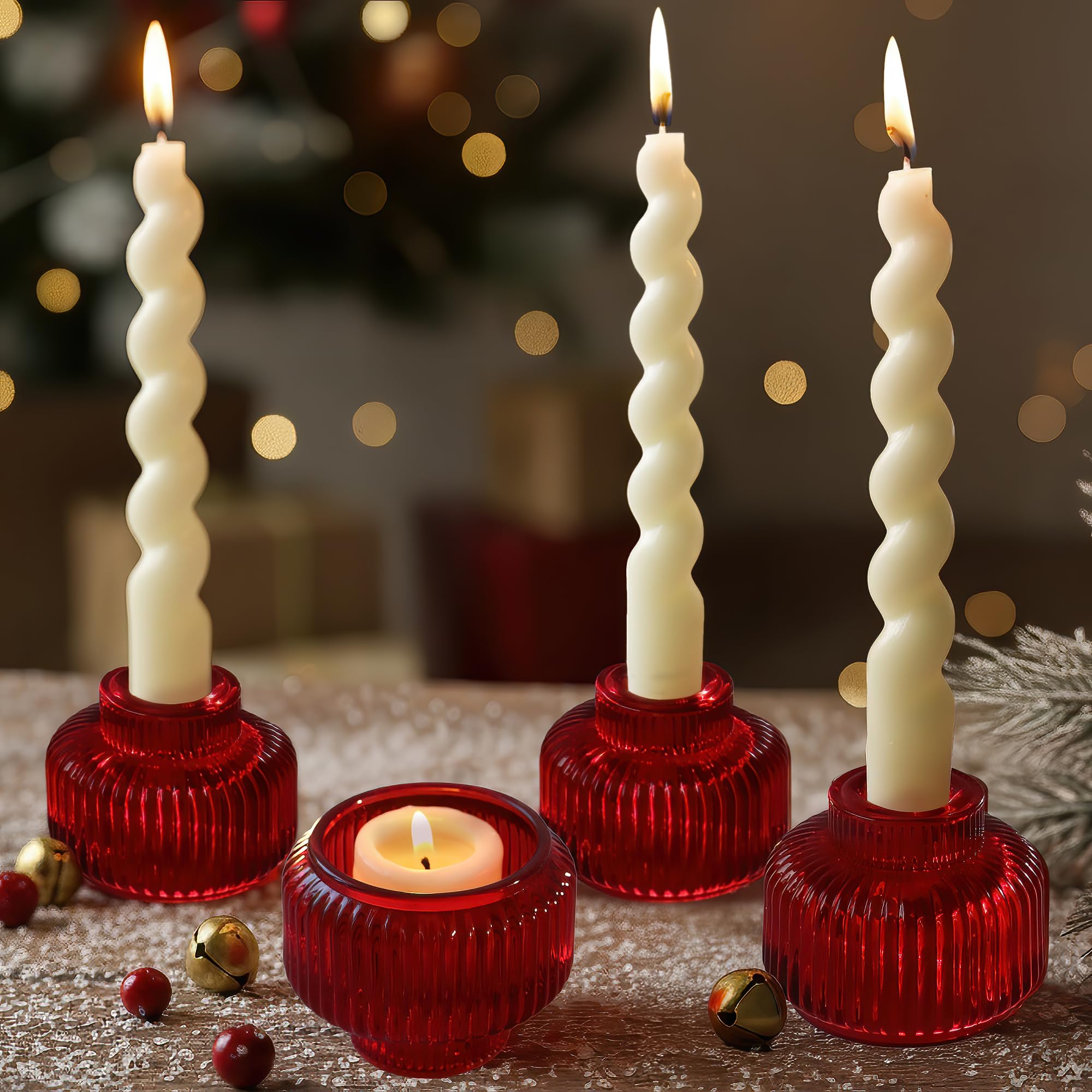 Kate Aspen Red Ribbed Taper Candle Holders for Candlesticks Set of 4, Candlestick Holders, Votive Candle Holder Decor, Red Kitch