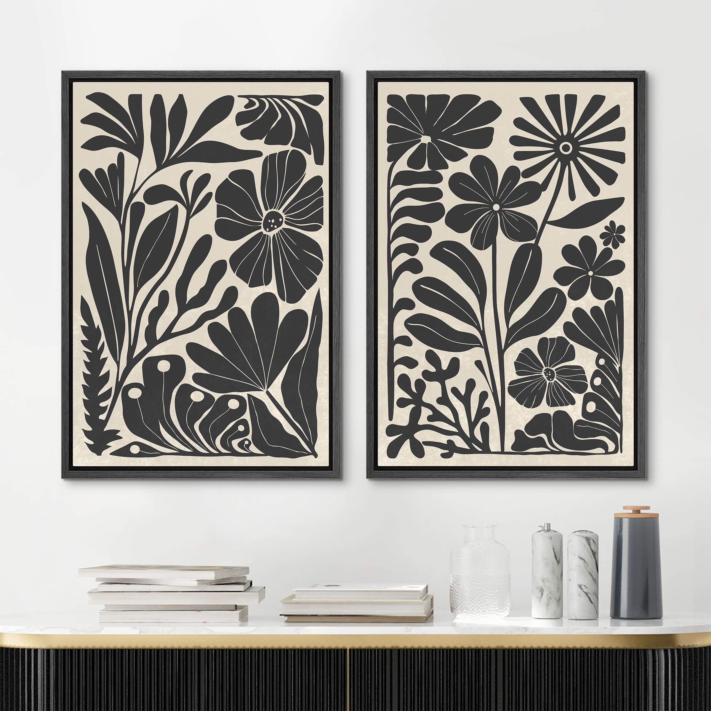 Mudecor Framed Canvas Wall Art Abstract Floral Botanical Prints Minimalist Modern Art Boho Wall Decor For Bedroom - 24''X36''X2
