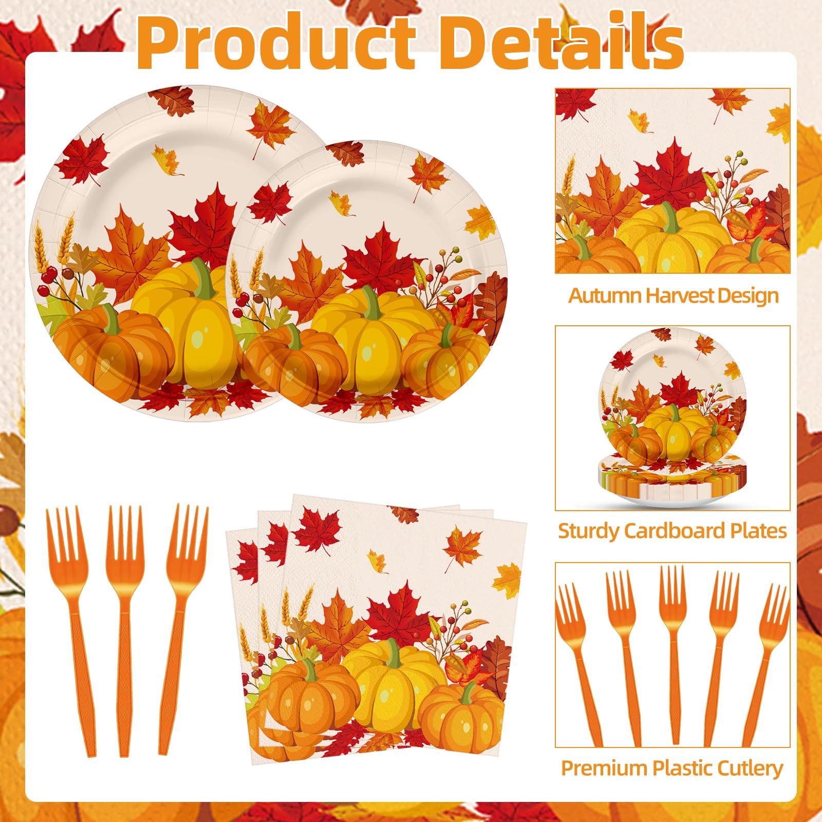 100 Pcs Fall Pumpkin Maple Tableware Party Supplies Set, Serves 25 - Disposable Autumn Harvest Paper Plates, Napkins, and Forks,