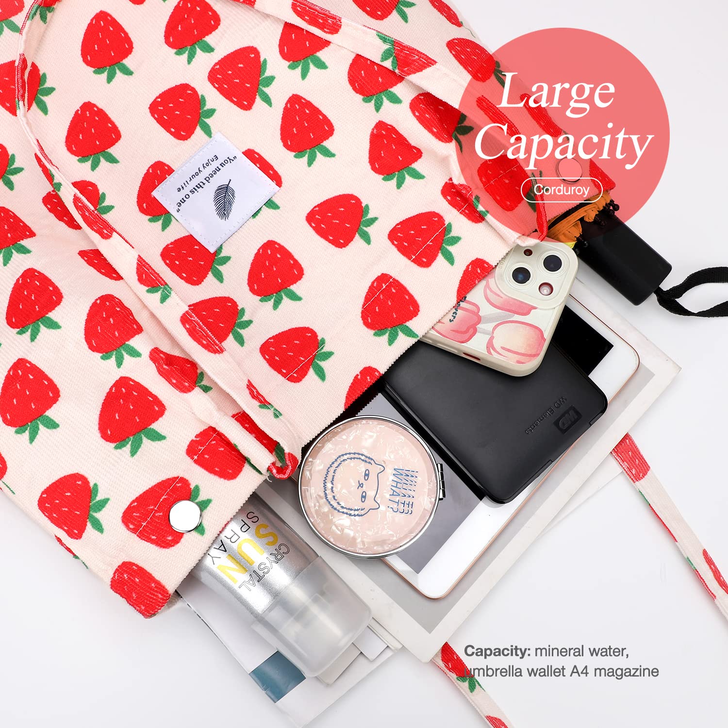 Lhmtqvk Corduroy Tote Bags For Women, Large Capacity Corduroy Bag Reusable Grocery Shoulder Bag With Inner Pockets(Strawberry)