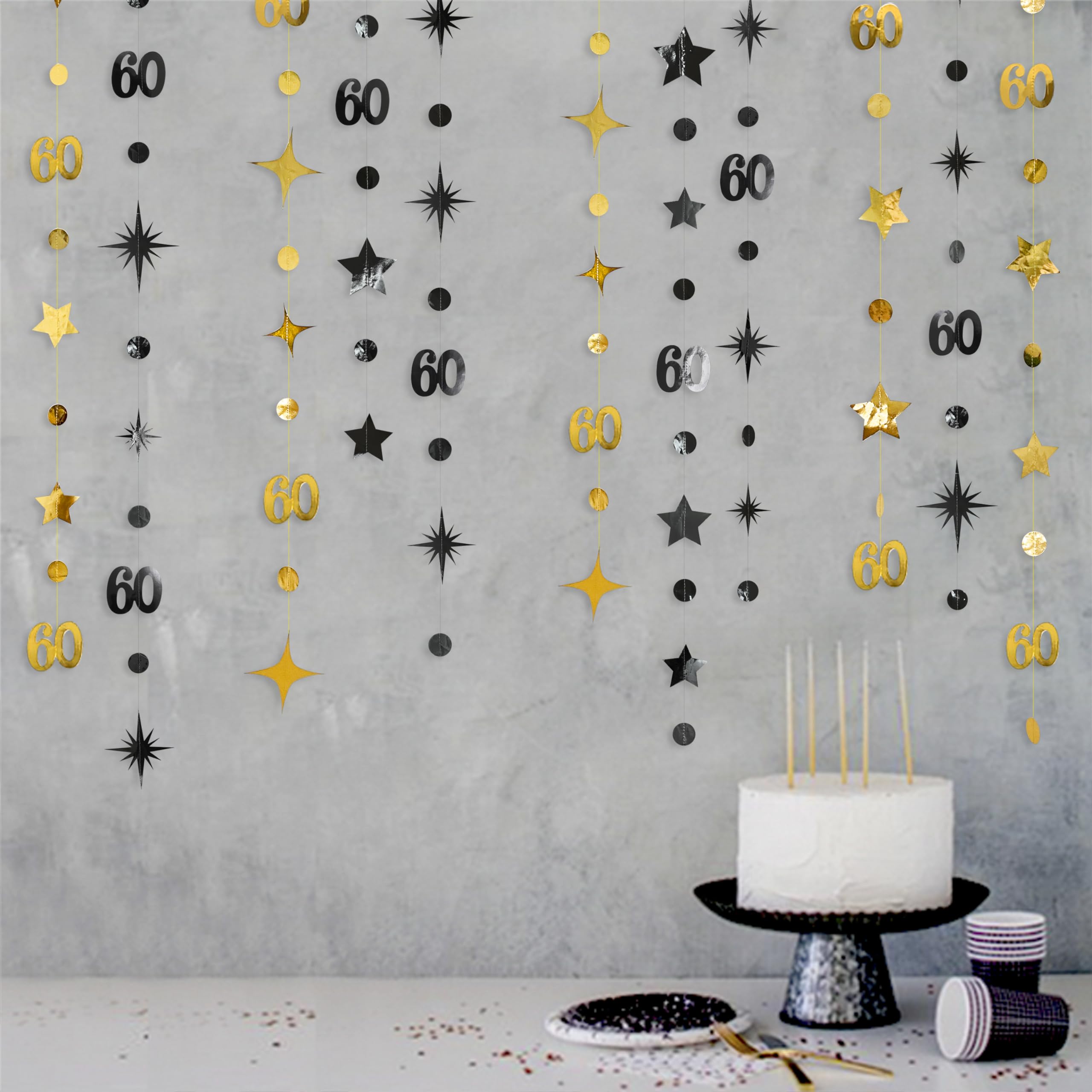 Black Gold 60Th Birthday Decorations Number 60 Circle Dot Twinkle Star Garland Metallic Streamer Bunting Banner Backdrop For Men