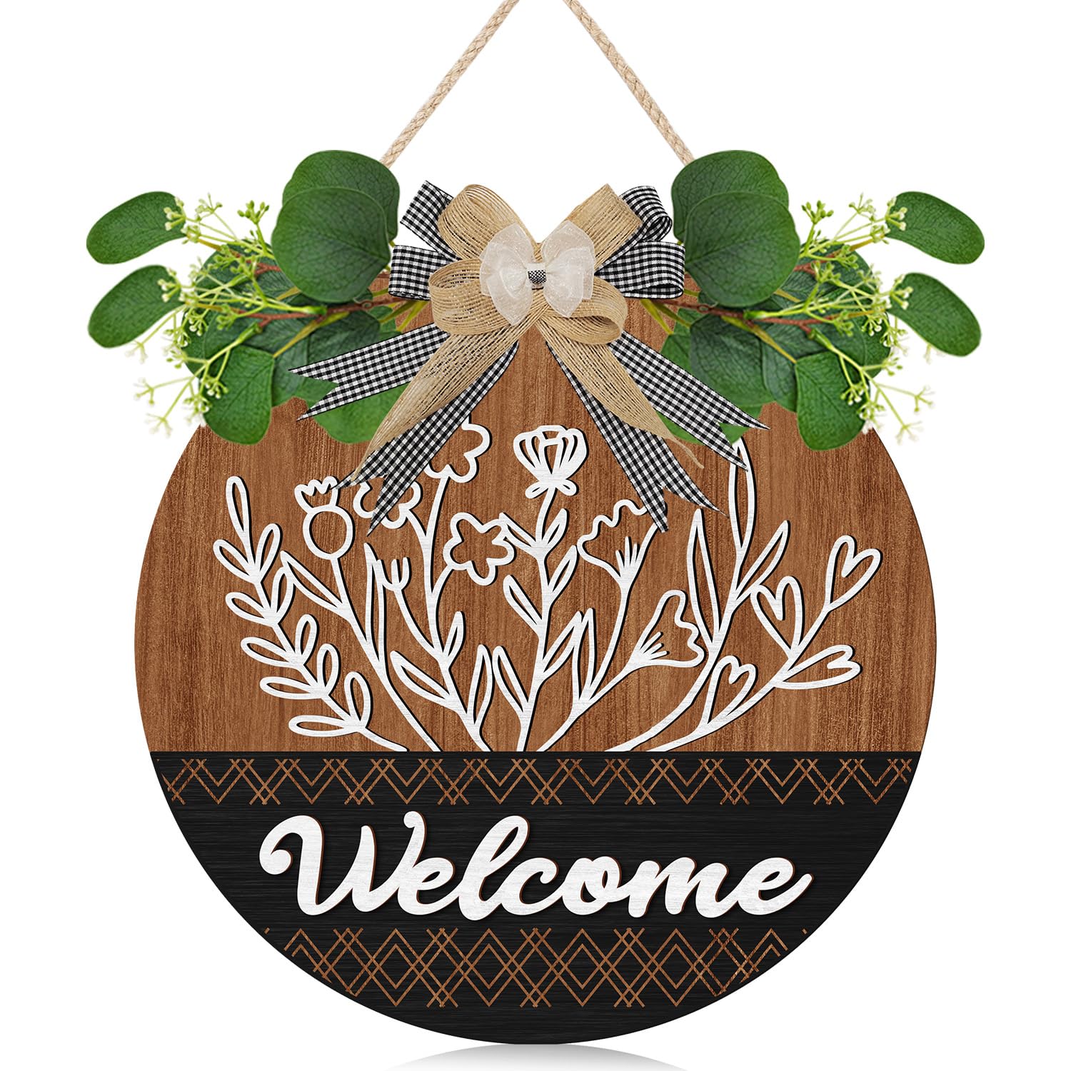 LHIUEM Welcome Wreath Wood Decor,Eucalyptus Leaves Wall Decor,Greenery Round Wooden Decorations,Front Door Hanger,Entryway Signs