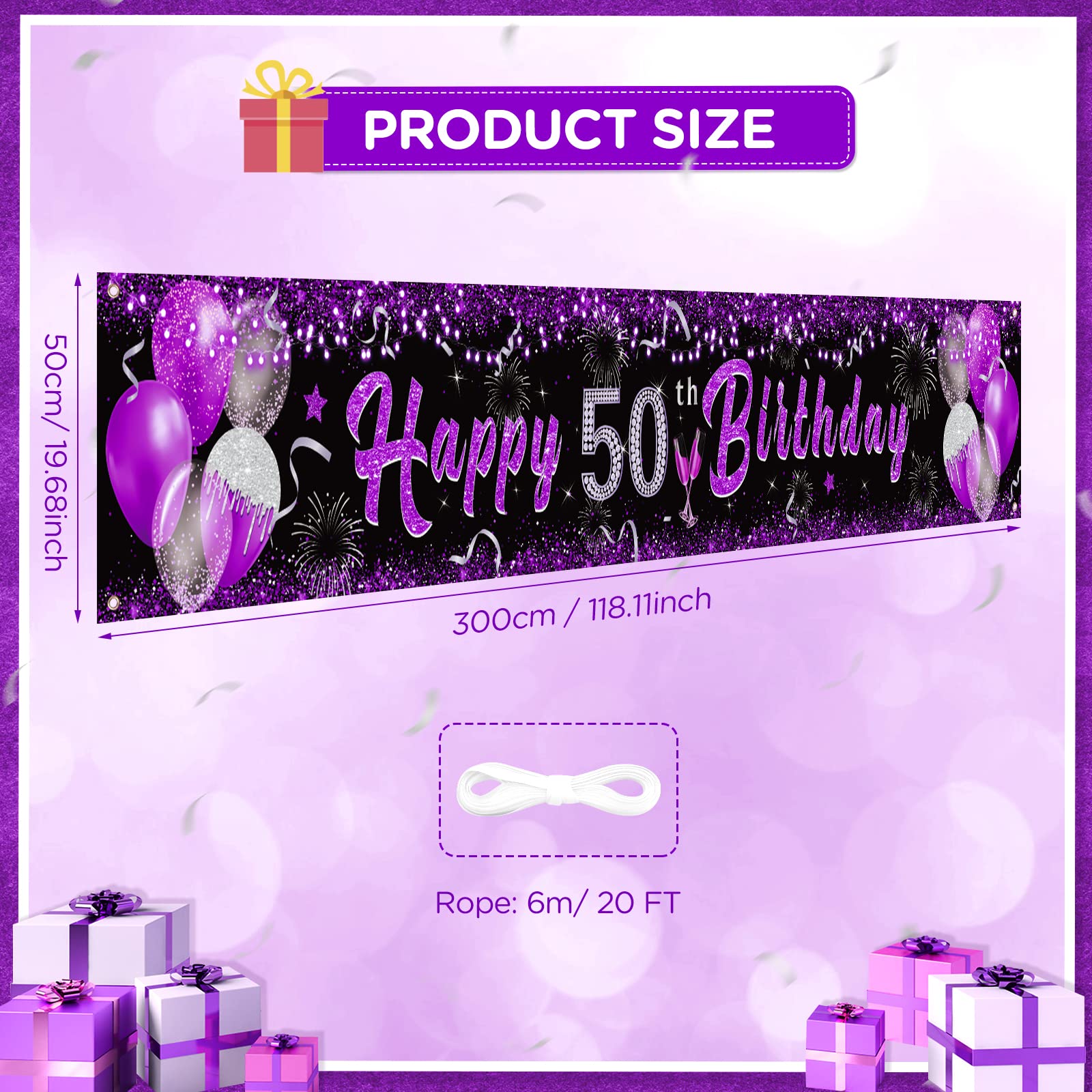 Purple 50Th Birthday Decorations For Women, Black Purple Silver Happy 50Th Birthday Yard Banner Purple 50Th Birthday Yard Sign F