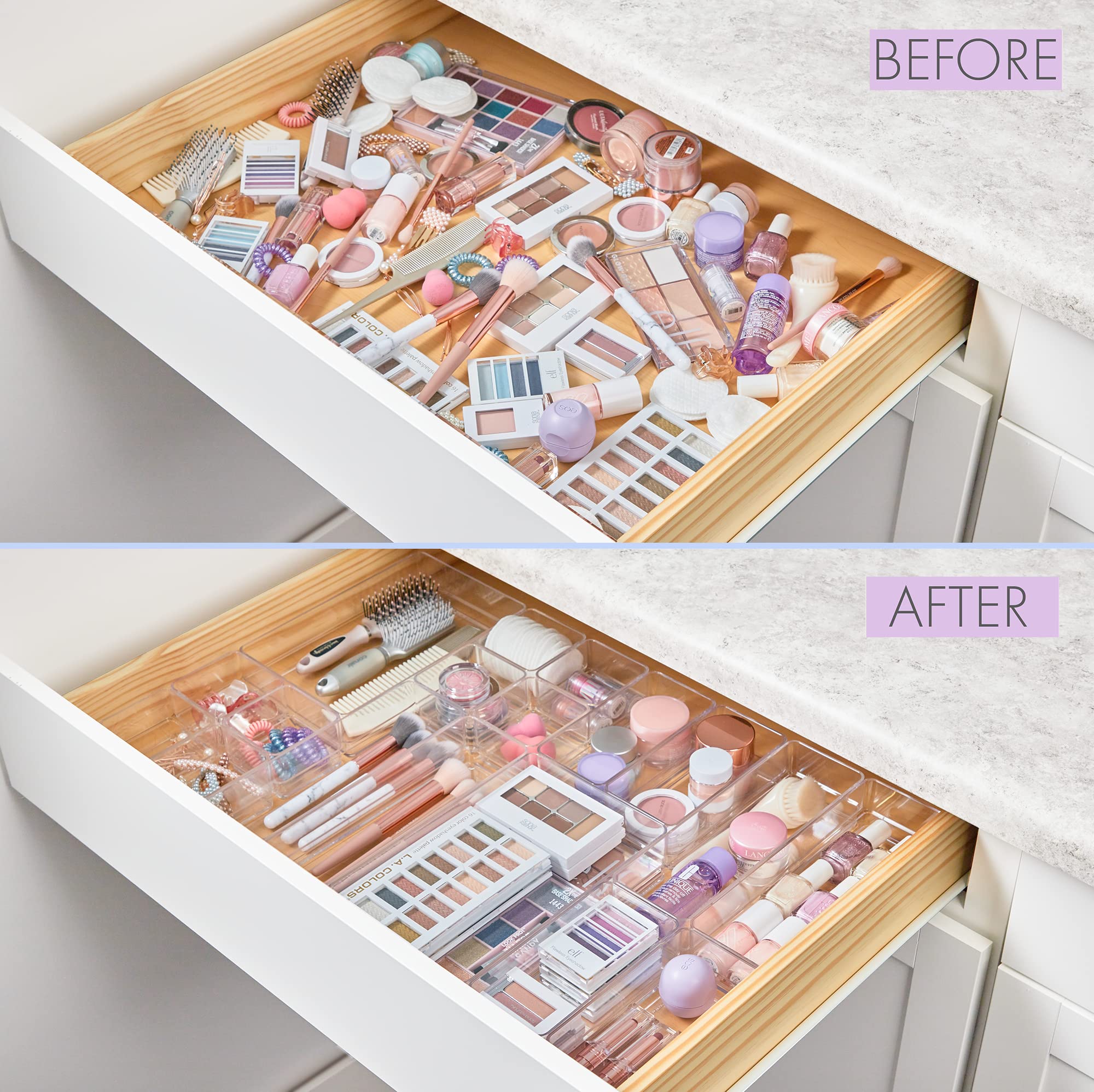 STORi SimpleSort 18-Piece Stackable Clear Drawer Organizer Set | Multi-size Trays | Makeup Vanity Storage Bins and Office Desk D