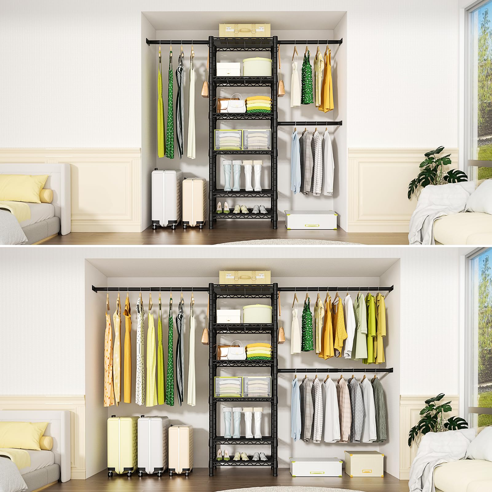 Ulif M5 Wall Mounted Clothes Garment Rack, Heavy Duty Closet Storage And Organizer System With 6 Shelves And 3 Expandable Hanger