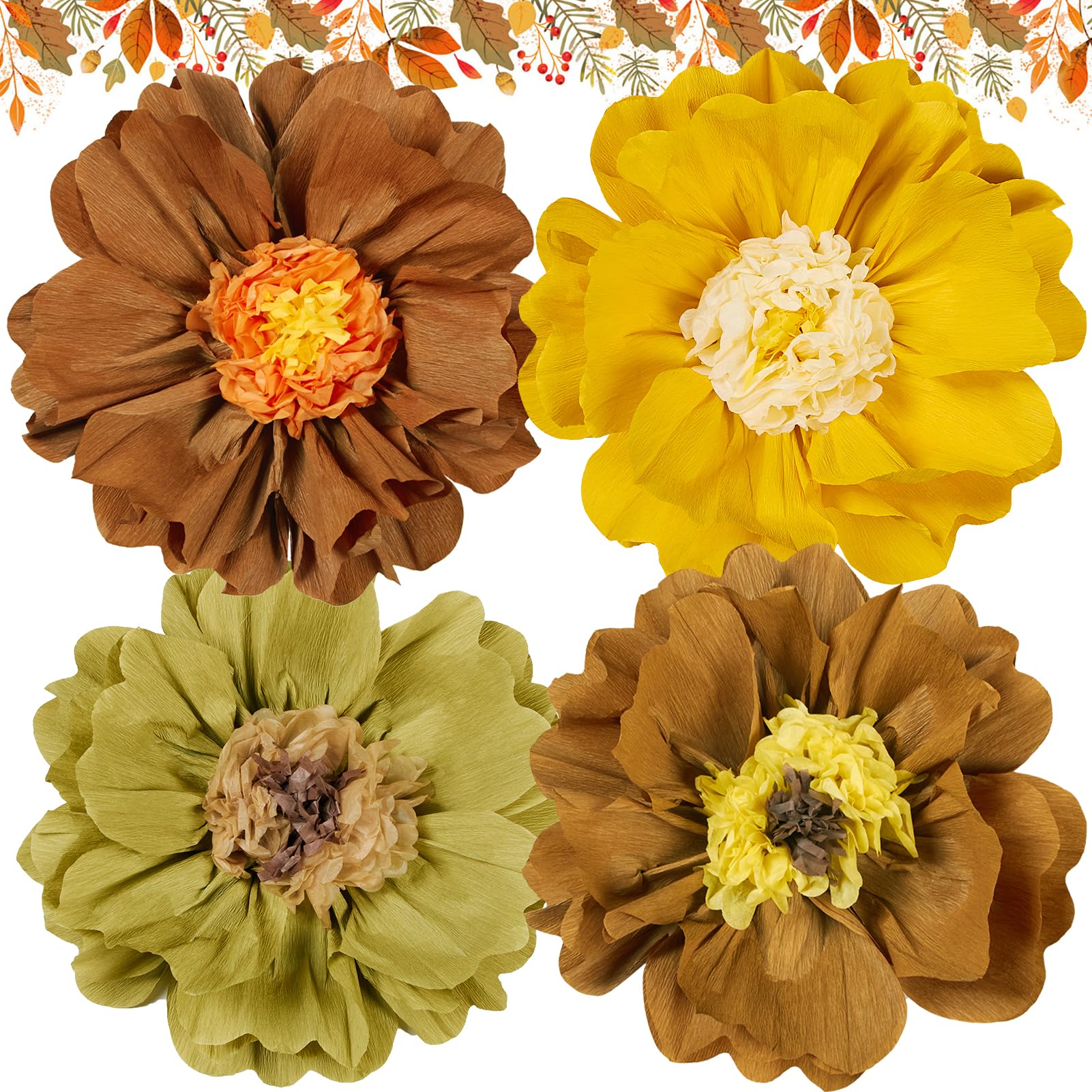 4 PCS 20 Brown Yellow Giant Paper Flowers Boho Baby Shower Party Decorations Thanksgiving Fall Autumn Large Tissue Pom Poms Neut