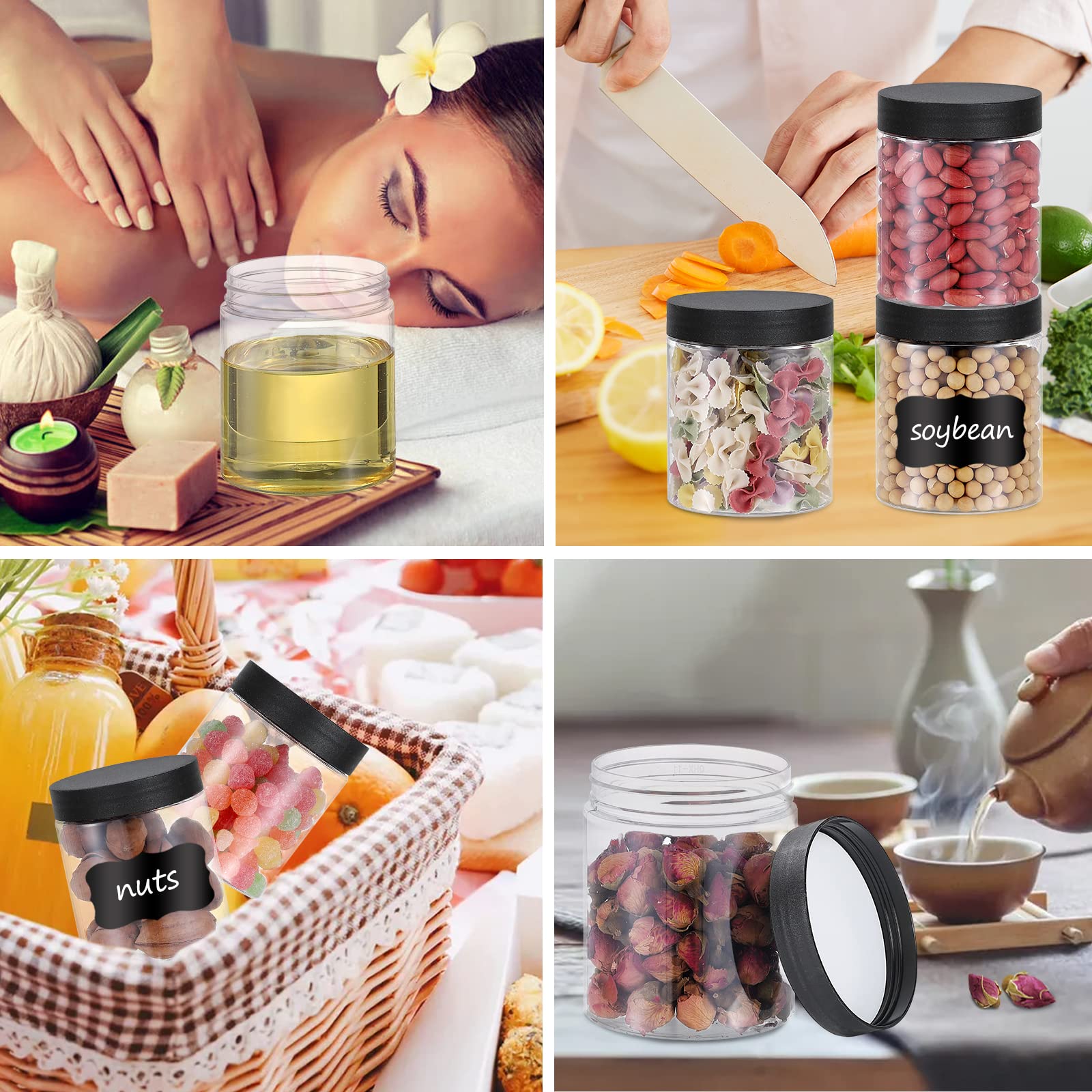 48Pcs 8Oz Plastic Jars With Screw On Lids, Pen And Labels Refillable Empty Round Slime Cosmetics Containers For Storing Dry Food