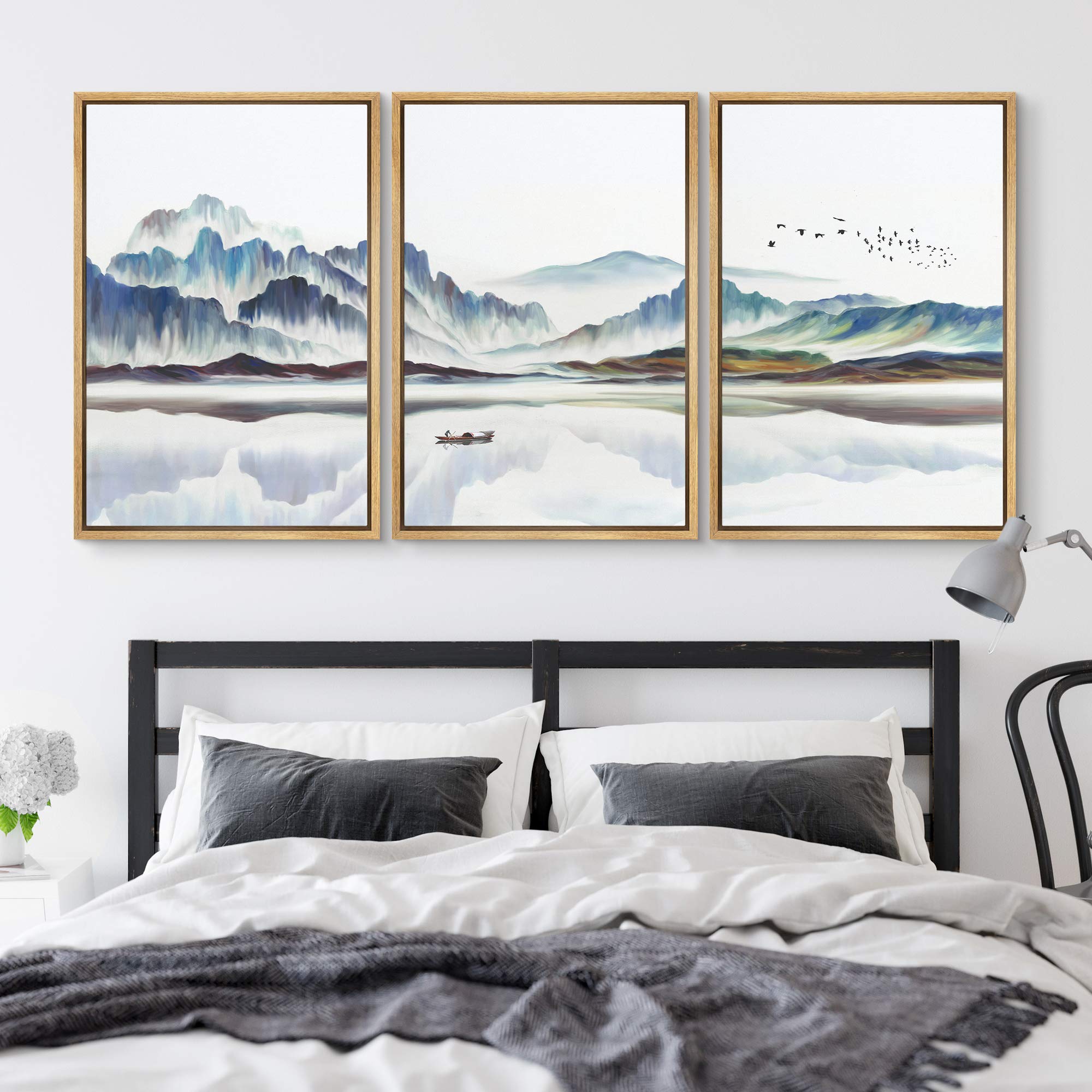Nwt Framed Wall Art Print Set Watercolor Mountain Landscape With Boat Nature Wilderness Illustrations Modern Art Rustic Colorful