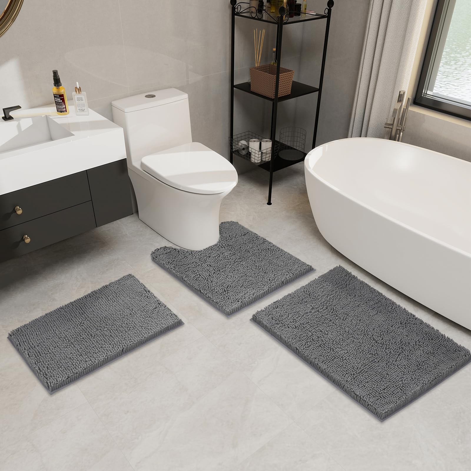 Linla 3 Pieces Bathroom Rug Set, Absorbent Non Slip Chenille Bath Mat, Thick Plush Chenille Carpet Mats Set,Washable Dry Quickly