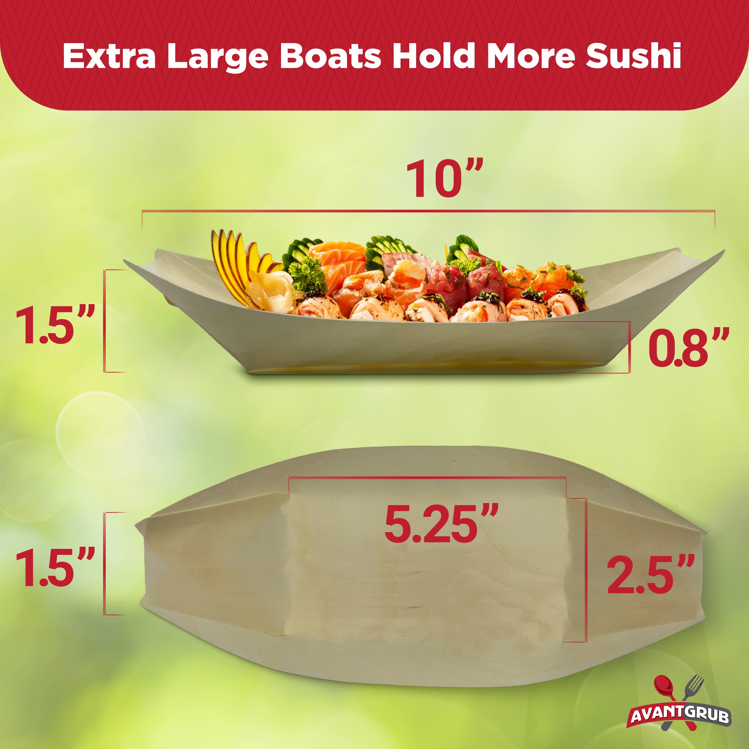 50 Pk Extra Large 10 Biodegradable Sushi Boats. 100% Disposable Appetizer Plates. Compostable Natural Wood Food Trays. Sturdy Po