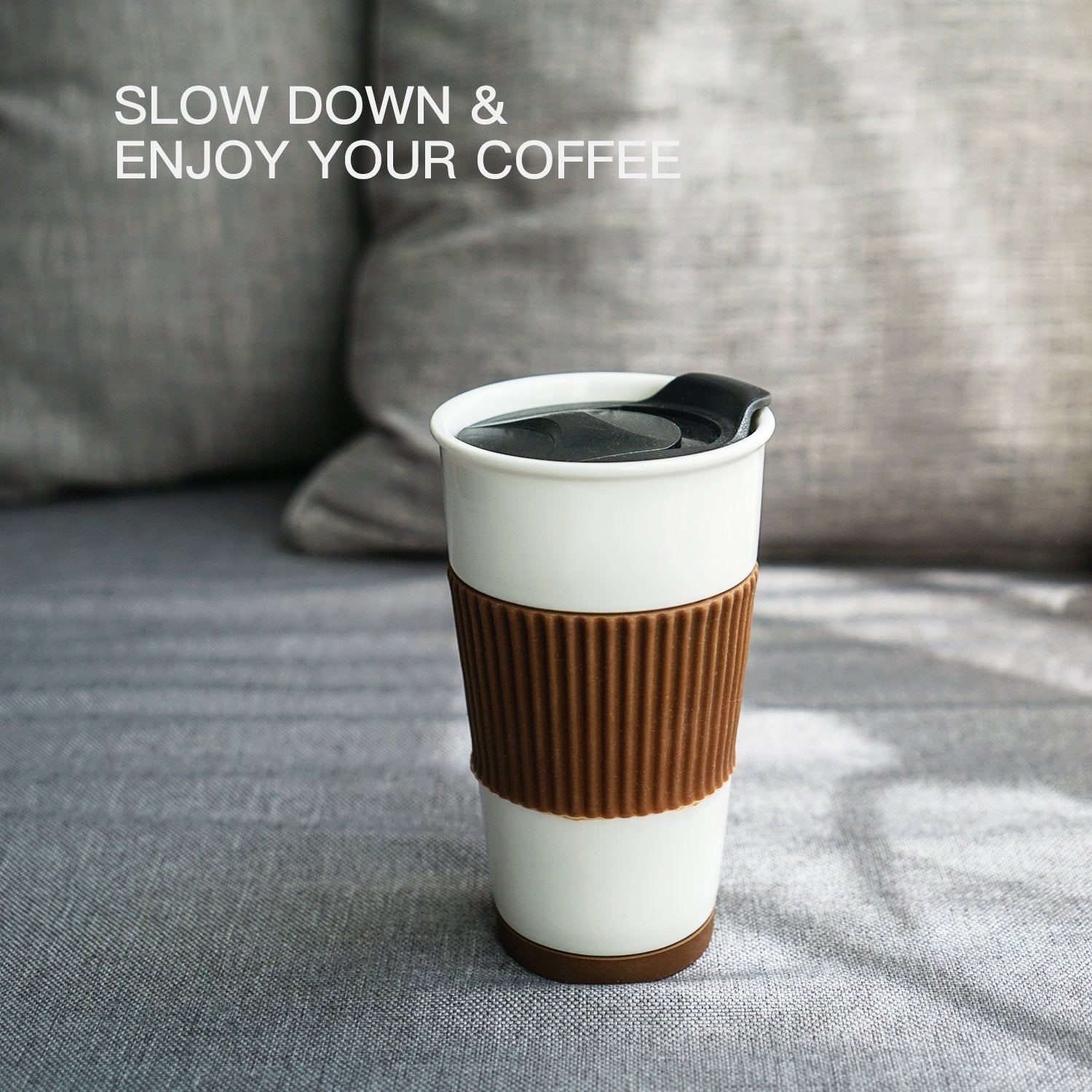 Udmg Ceramic Double Wall Insulated Travel Coffee Cup With Slider Lid, Silicone Sleeve & Built-In Coaster, 10 Fl.Oz (Coffee)