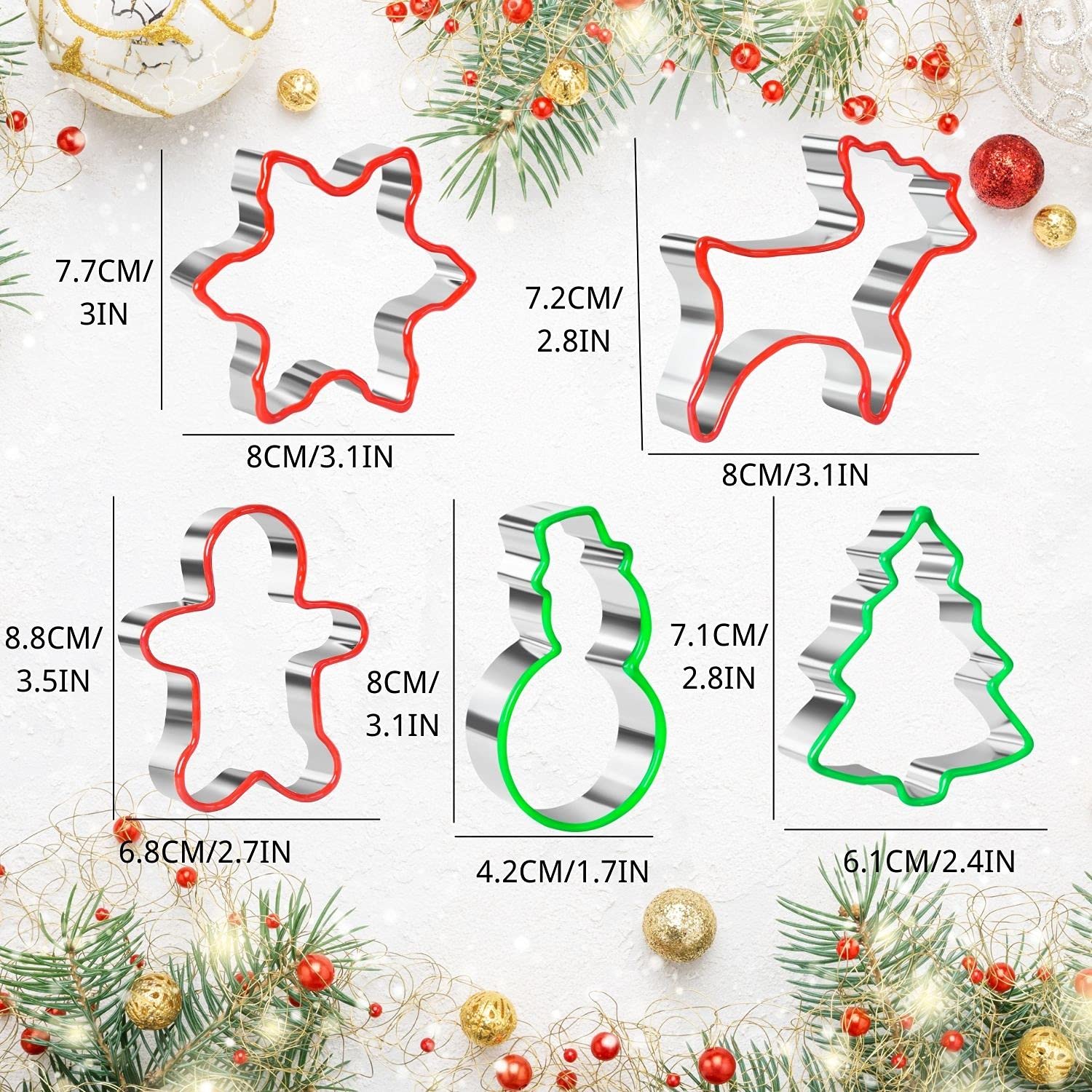 Crethinkaty Christmas Cookie Cutter Set 5 Pieces Stainless Steel Gingerbread Man,Snowflake,Snowman,Christmas Tree And Reindeer S