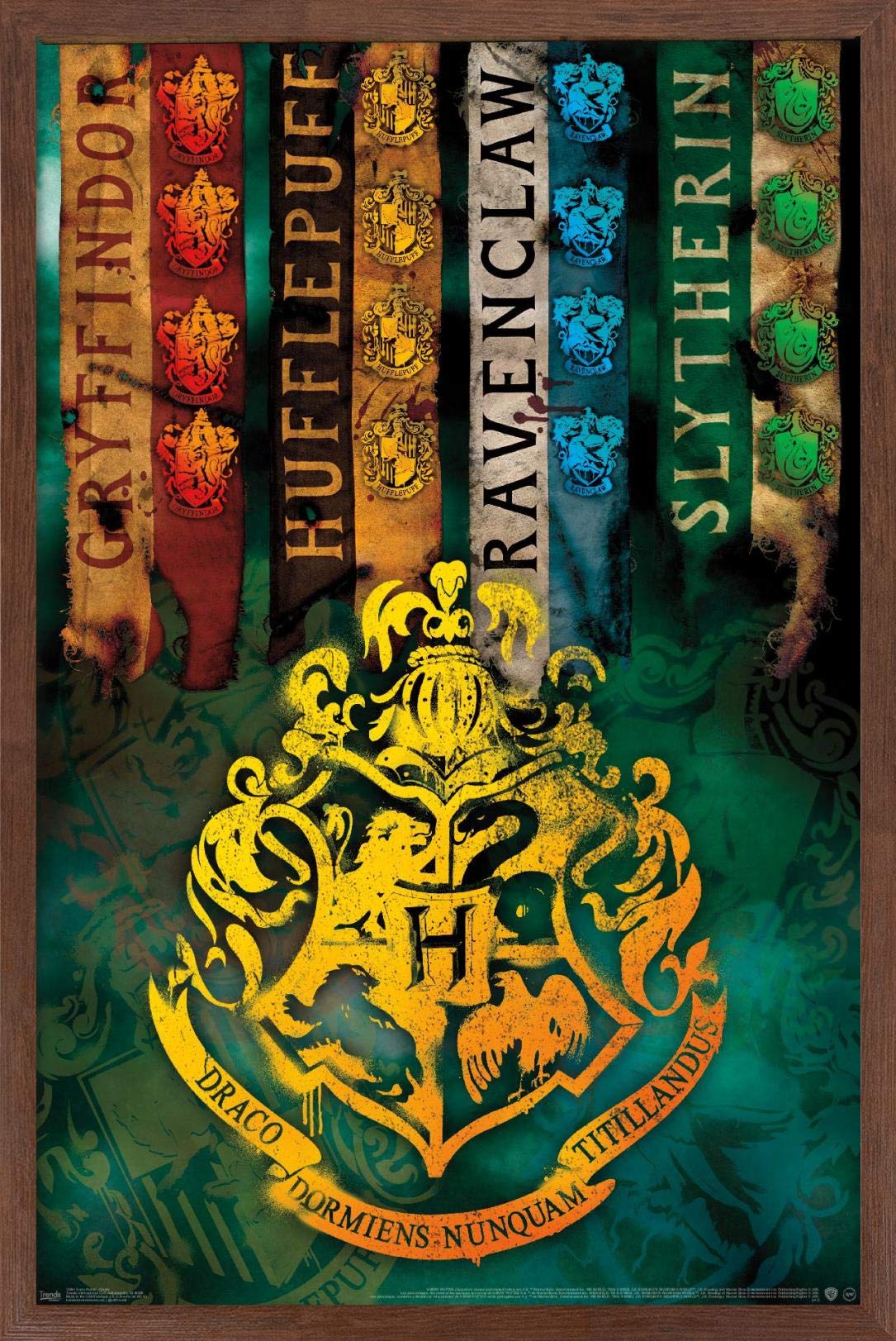 Trends International The Wizarding World: Harry Potter - House Crests Wall Poster, 14.725'' X 22.375'', Mahogany Framed Version