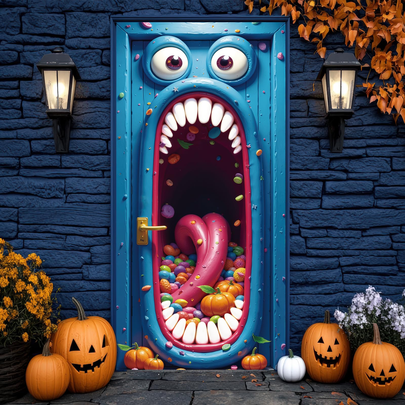 Halloween Door Cover, Fabric Cute Funny Monster Front Door Wall Banner Covering Decorations Indoor Outdoor Party Supplies 72.8x3