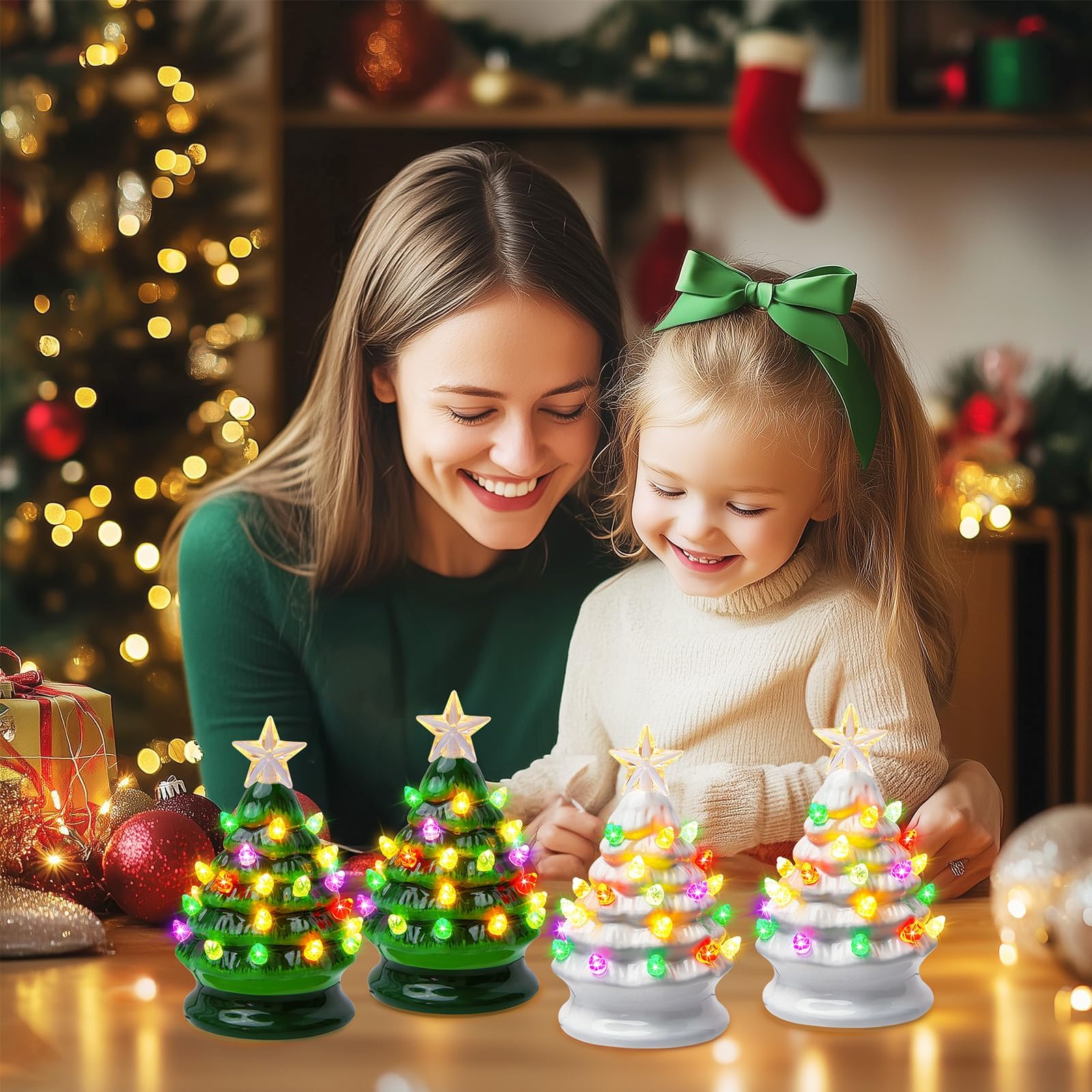 5 Inch Mini Ceramic Christmas Tree Set - 4 Pack Pre-lit Tabletop Christmas Tree with Multicolored LED Lights, Battery Operated S