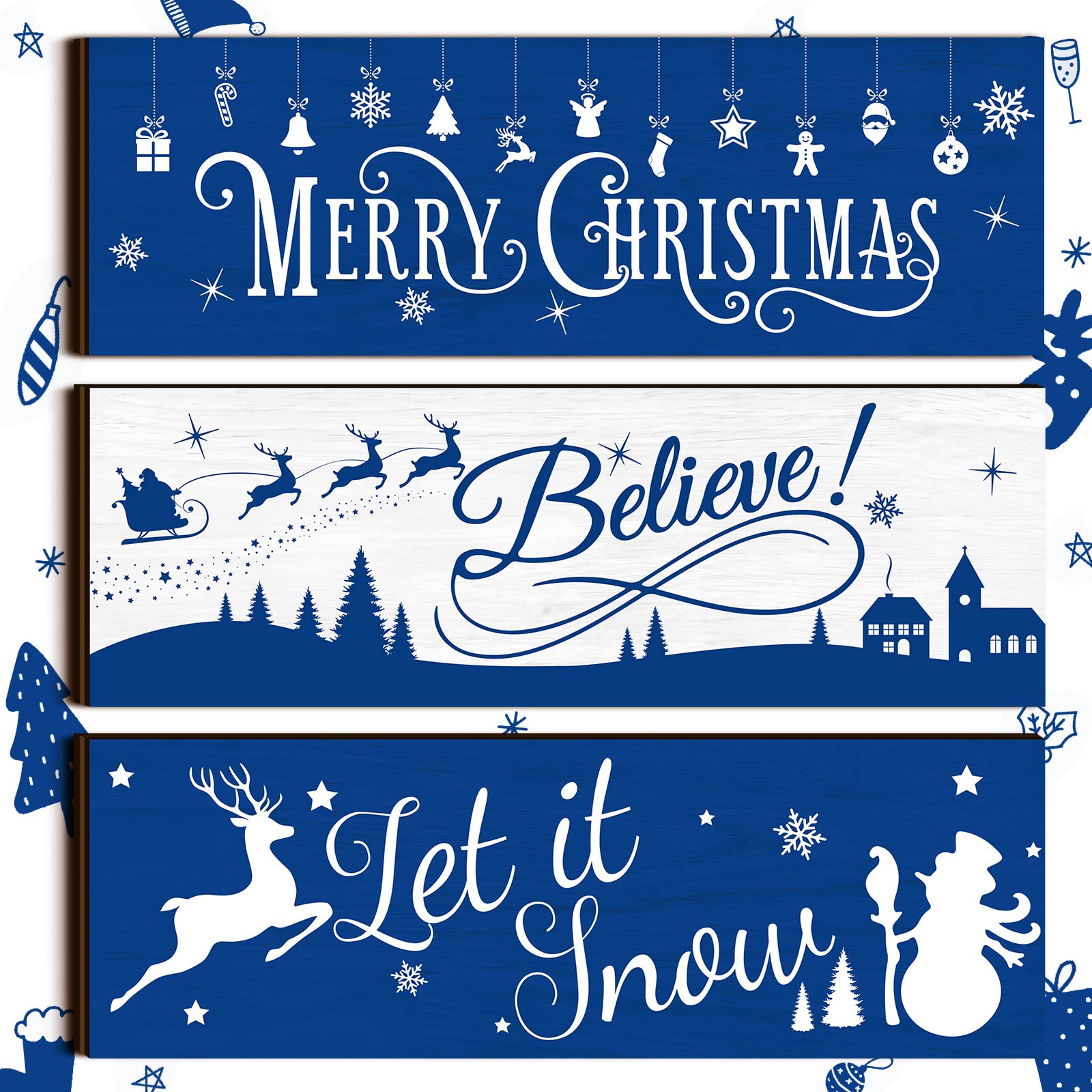 3 Pcs Christmas Blue Hanging Signs Rustic Wooden Snowflakes Wall Hanging Decor Merry Christmas Believe Let It Snow Wood Ornament