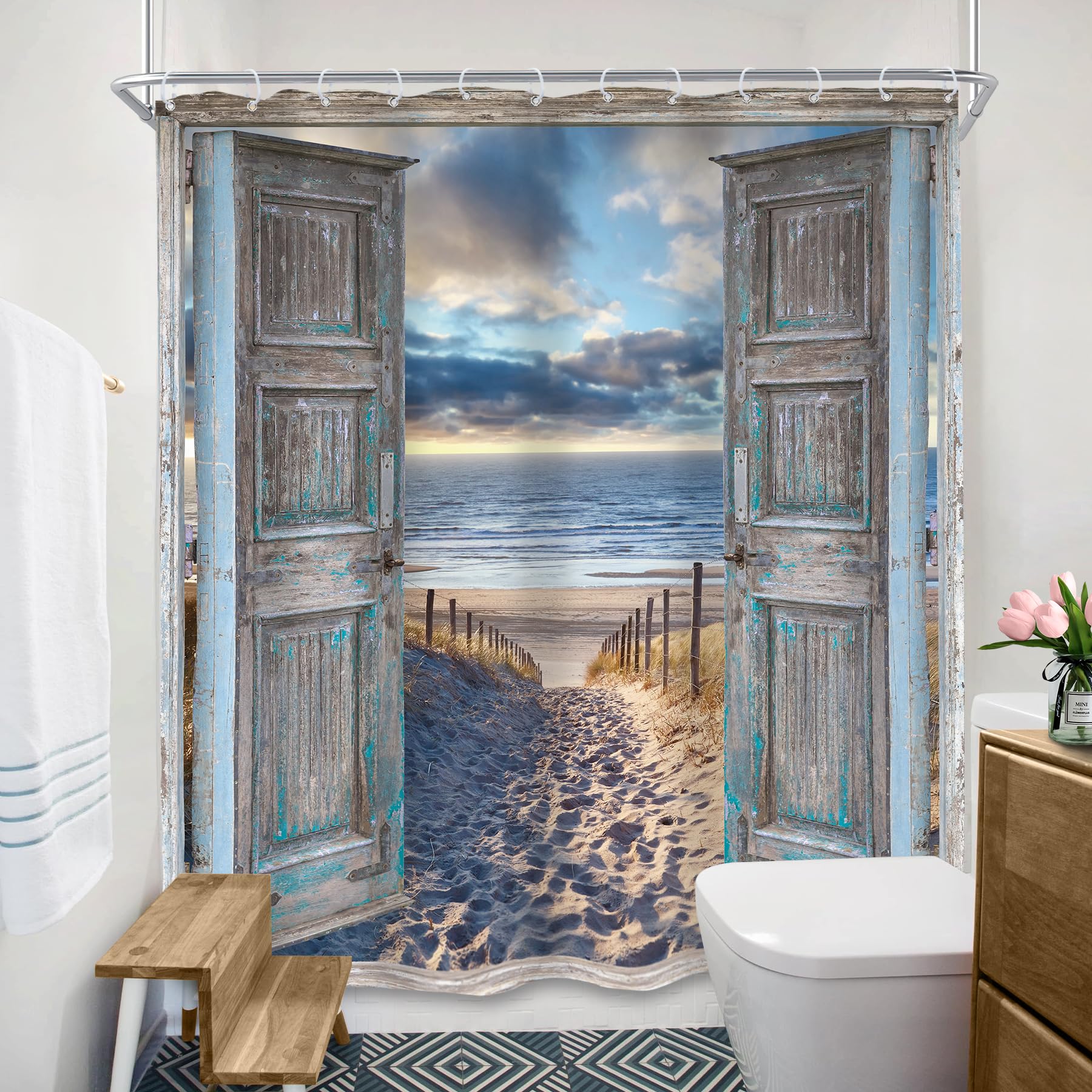 Svbright Beach Ocean Shower Curtain 60Wx72L Inch Hawaiian Seaside Coastal Blue Barn Door Scenery Rustic Landscape Nature Farm Wo