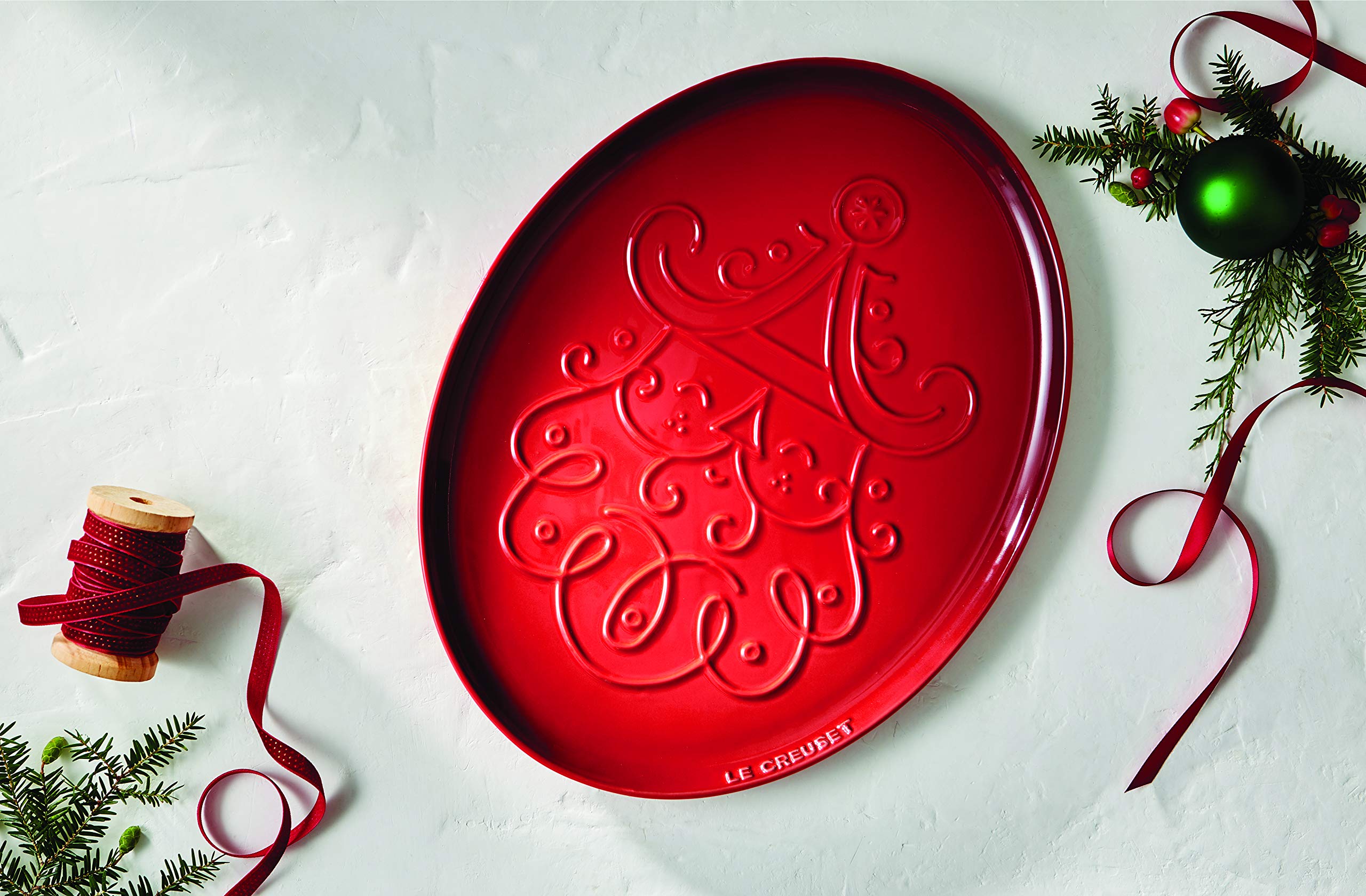 Le Creuset Stoneware Noel Collection: Oval Santa Cookie Platter, 14 Oz., Cerise W/Embossed Design