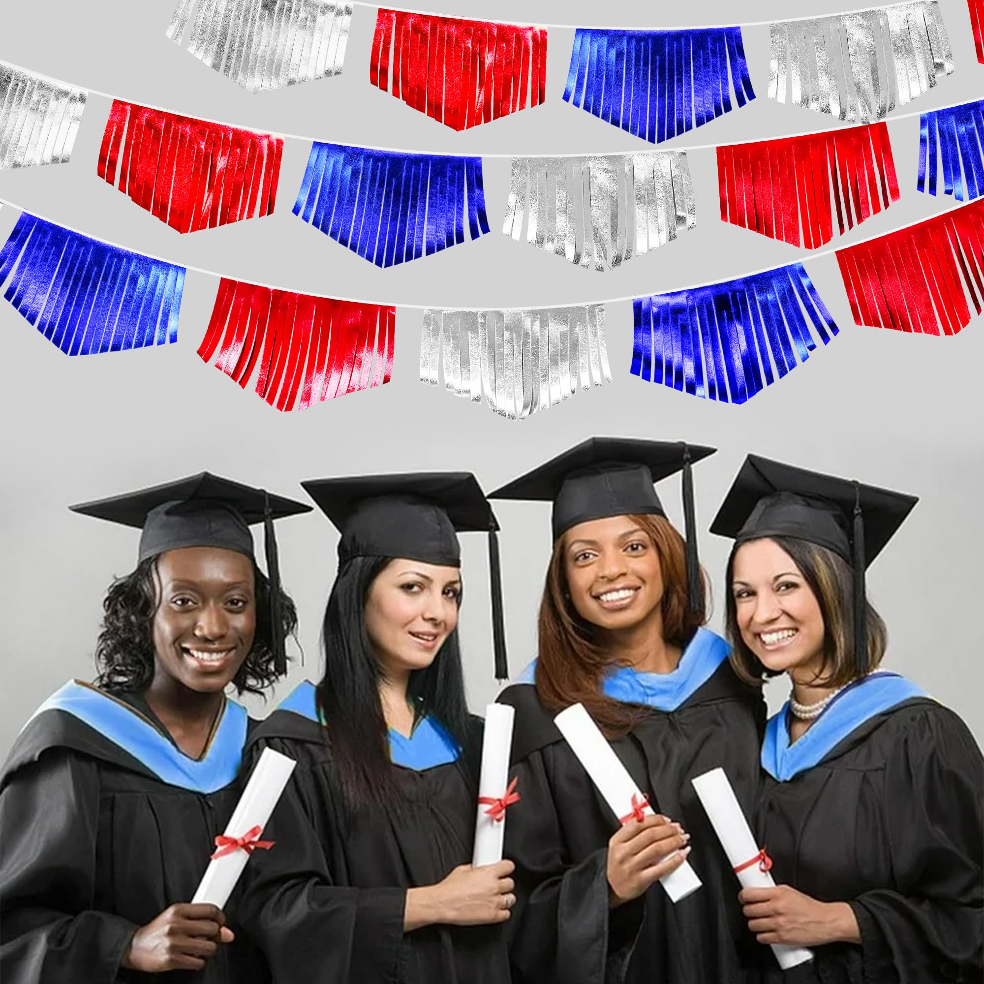 Blue Red Silver Tassel Banner Metallic Fabric Pennant Bunting Flag For 4Th Of July American Usa National Day Patriotic Veterans