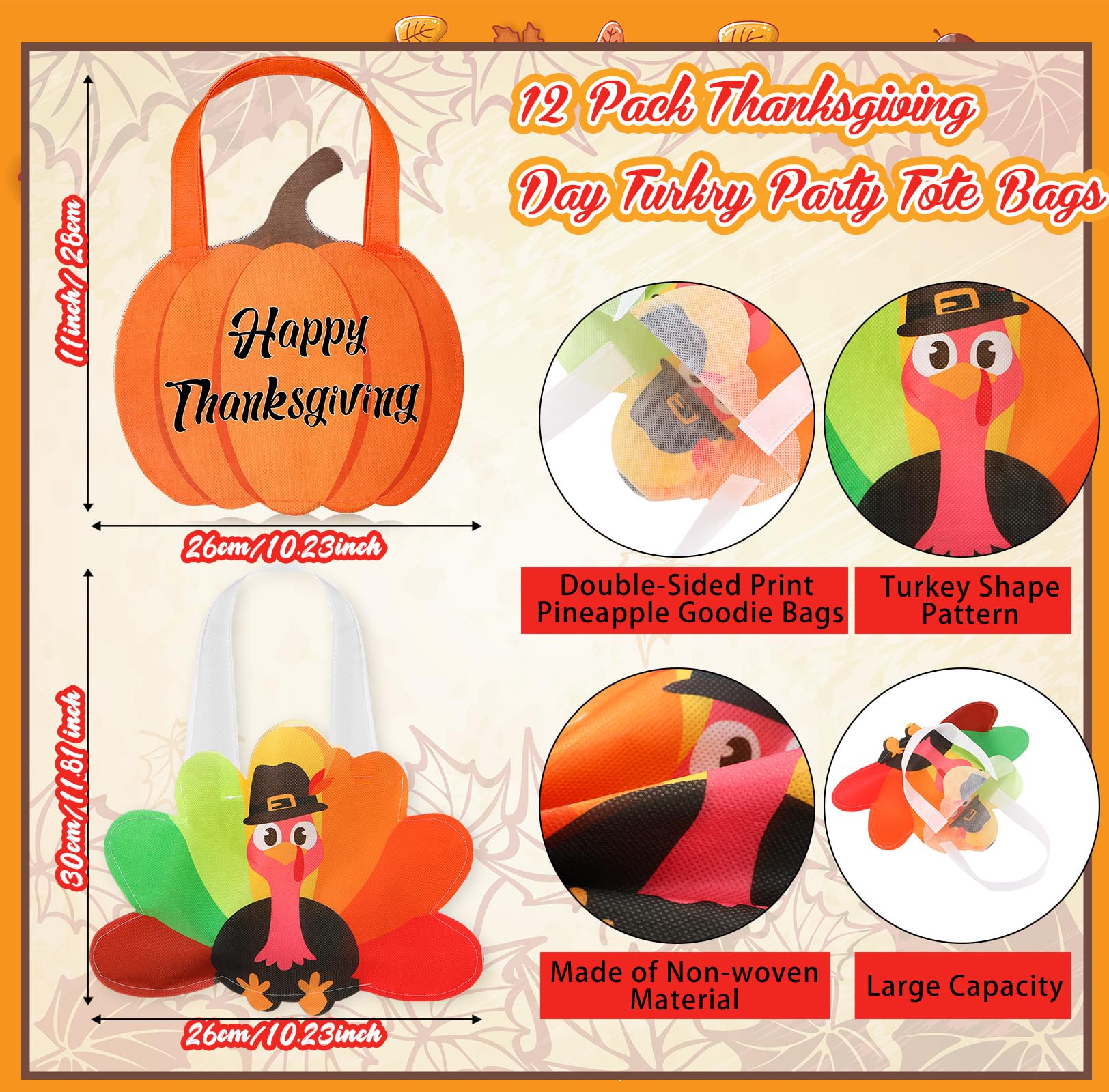 Silkfly 12 Pcs Thanksgiving Turkey Gift Bags Non Woven Reusable Autumn Goodie Candy Tote Bag with Handles Fall Party Favors for