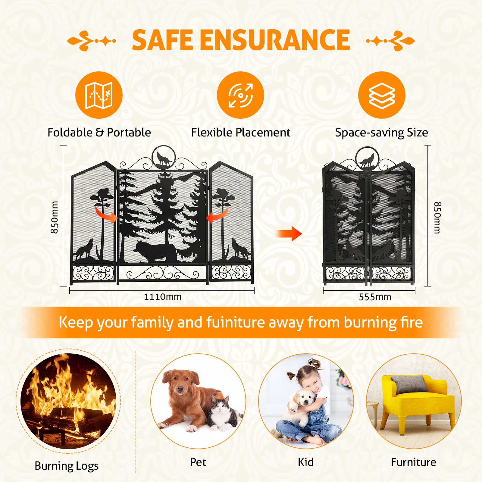 Wichemi Fireplace Screen 3 Panel Fireplace Screens For Fireplace 44 X 33.5 Inch Metal Fireguards Mesh Cover Baby Safe Proof Fenc