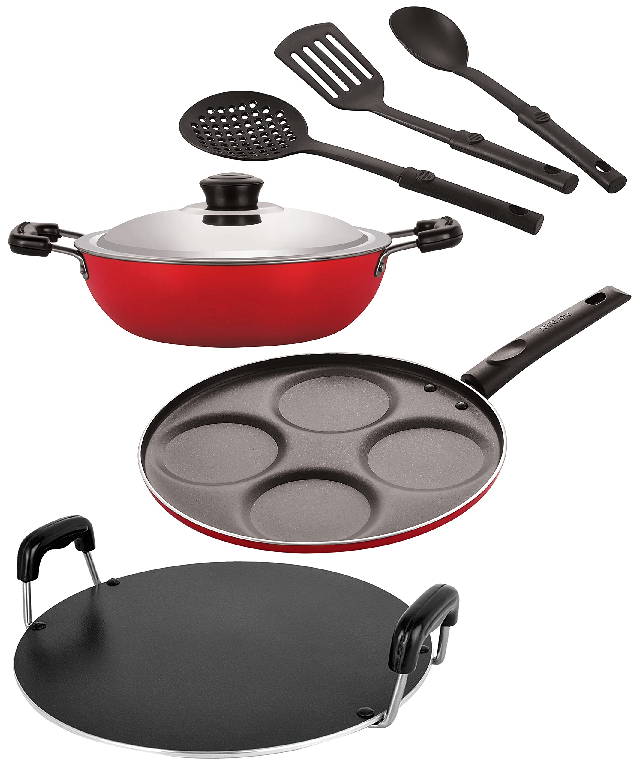 Nirlon Aluminium Nonstick Coated 6 Pcs Set Of Deep Kadhai26Cm,Round Tawa28.5Cm,Uttapam4 Cavity & 3 Spoon (2.6Mm_Dkd(J)_Rt_Up4