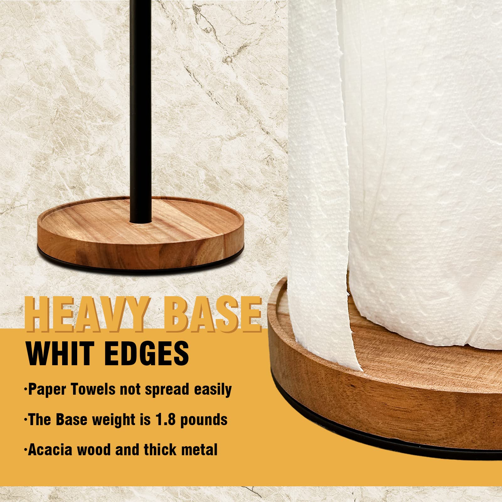 Wildmos Paper Towel Holder Countertop,Solid Acacia Wood With Thick Metal Base,Black Paper Towel Holder For Farmhouse Kitchen,Woo