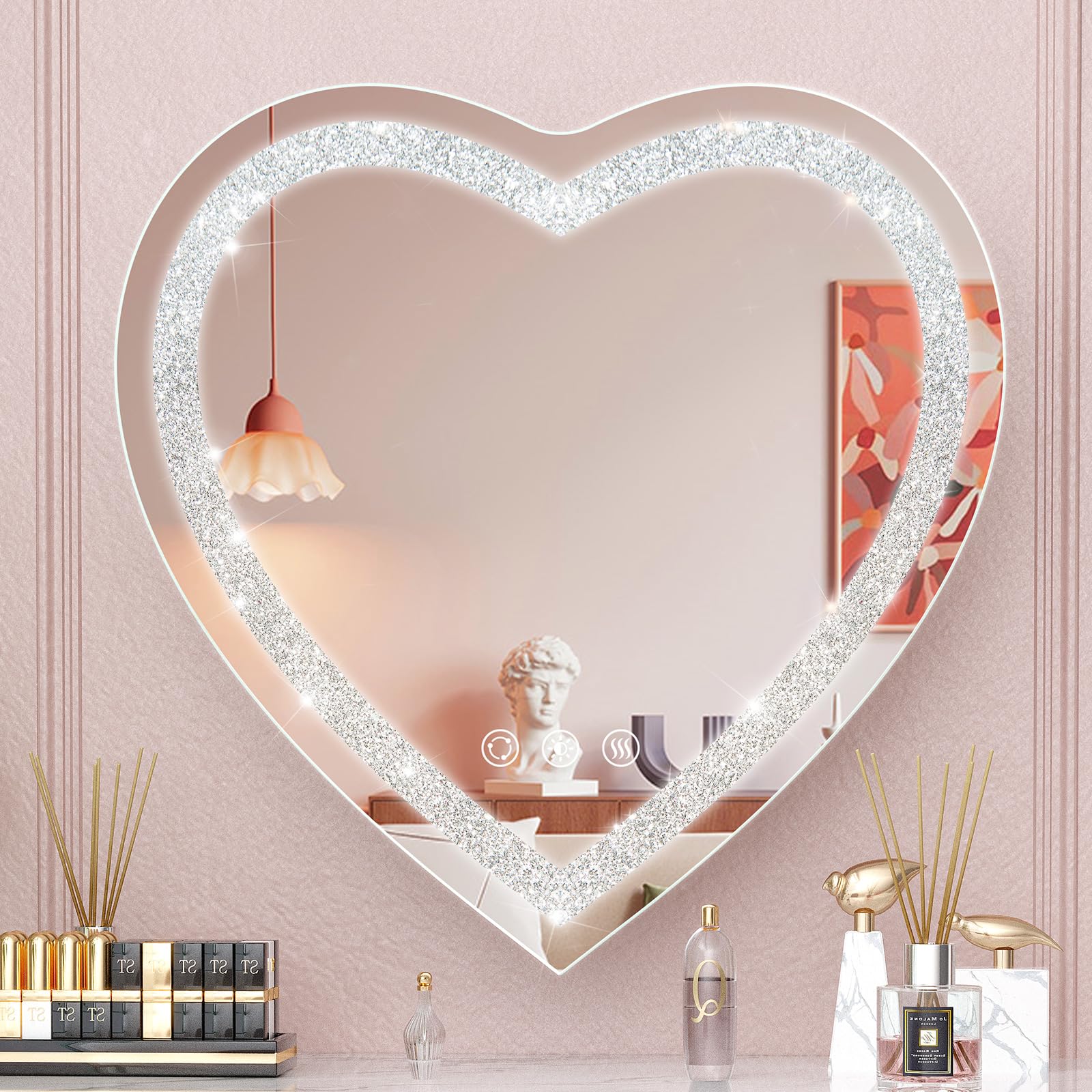 Besmirror Led Mirror For Bathroom Crushed Diamond 24''X24'', Heart Shaped Front Lit Wall Mounted Led Vanity Mirror With 3 Color,