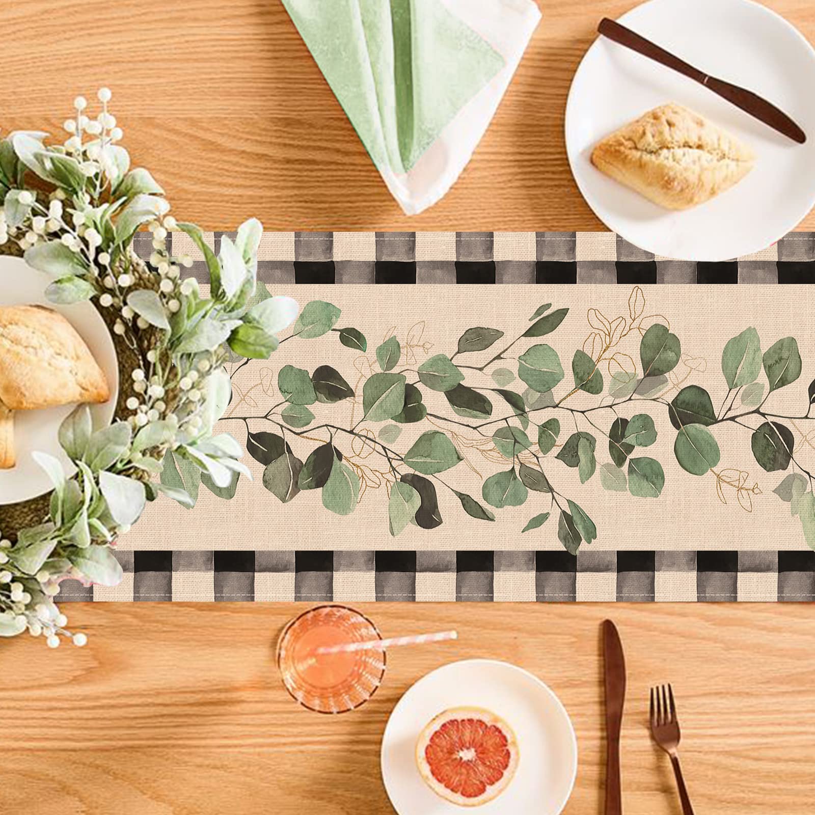 Seliem Spring Eucalyptus Leaves Greenery Table Runner, Black White Buffalo Plaid Check Kitchen Dining Table Decor, Green Plants