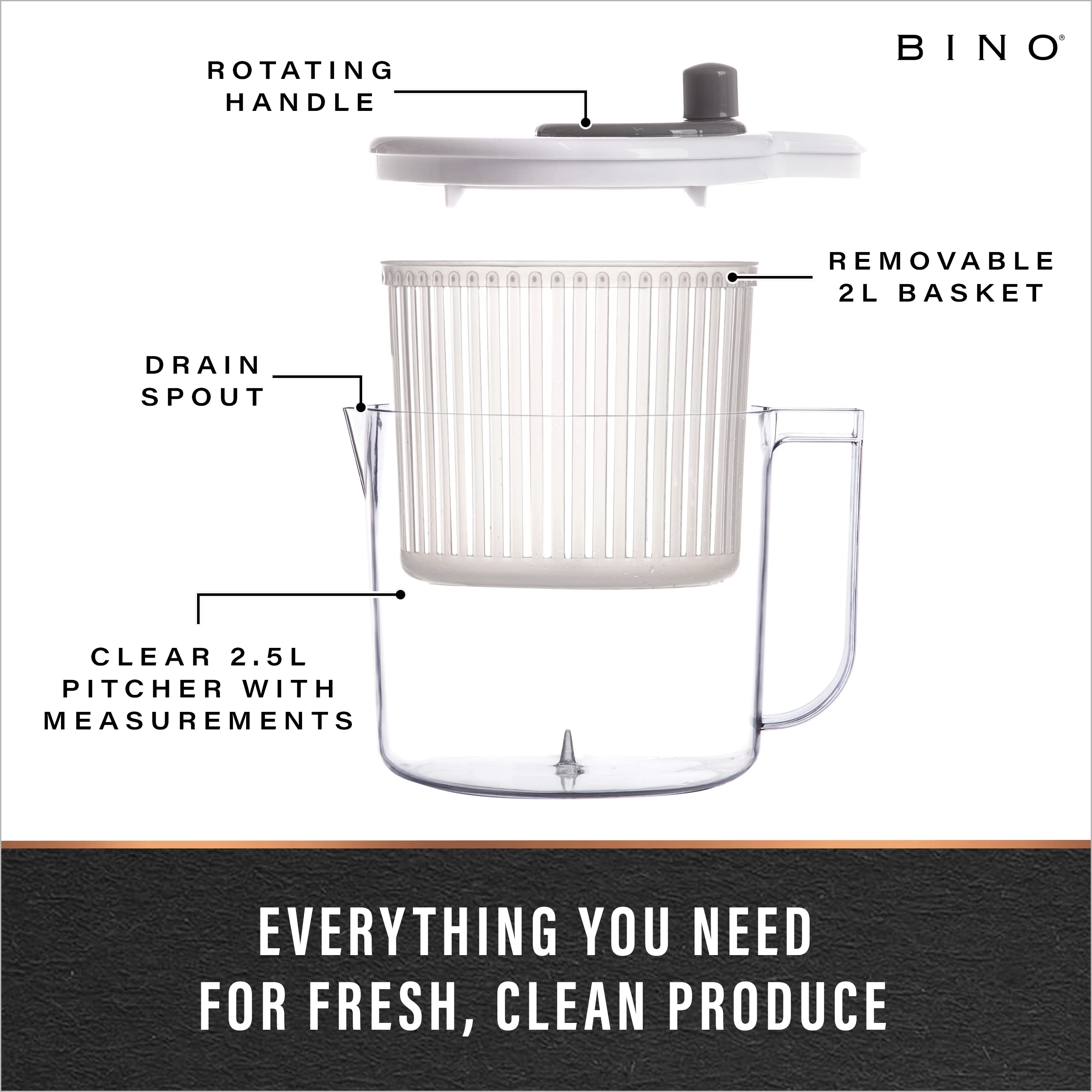 Bino | Salad Spinner - 2.6 Qt | Small Manual Lettuce Spinner With Built-In Draining System | Salad Spinner, Colander, And Water