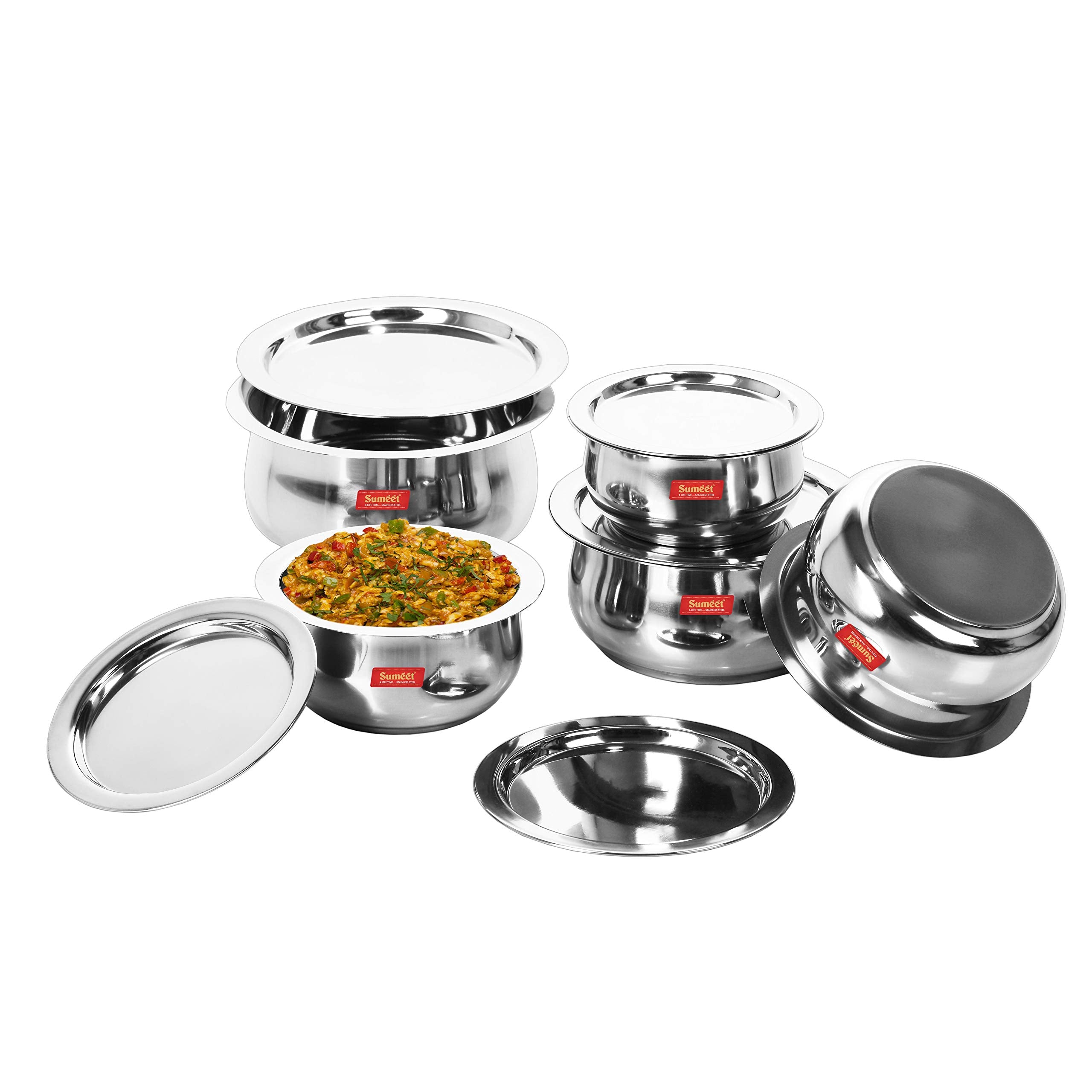Sumeet 5 Pcs Stainless Steel Induction & Gas Stove Friendly Belly Shape Container Set/Tope/Cookware Set With Lids Size No.10 & N