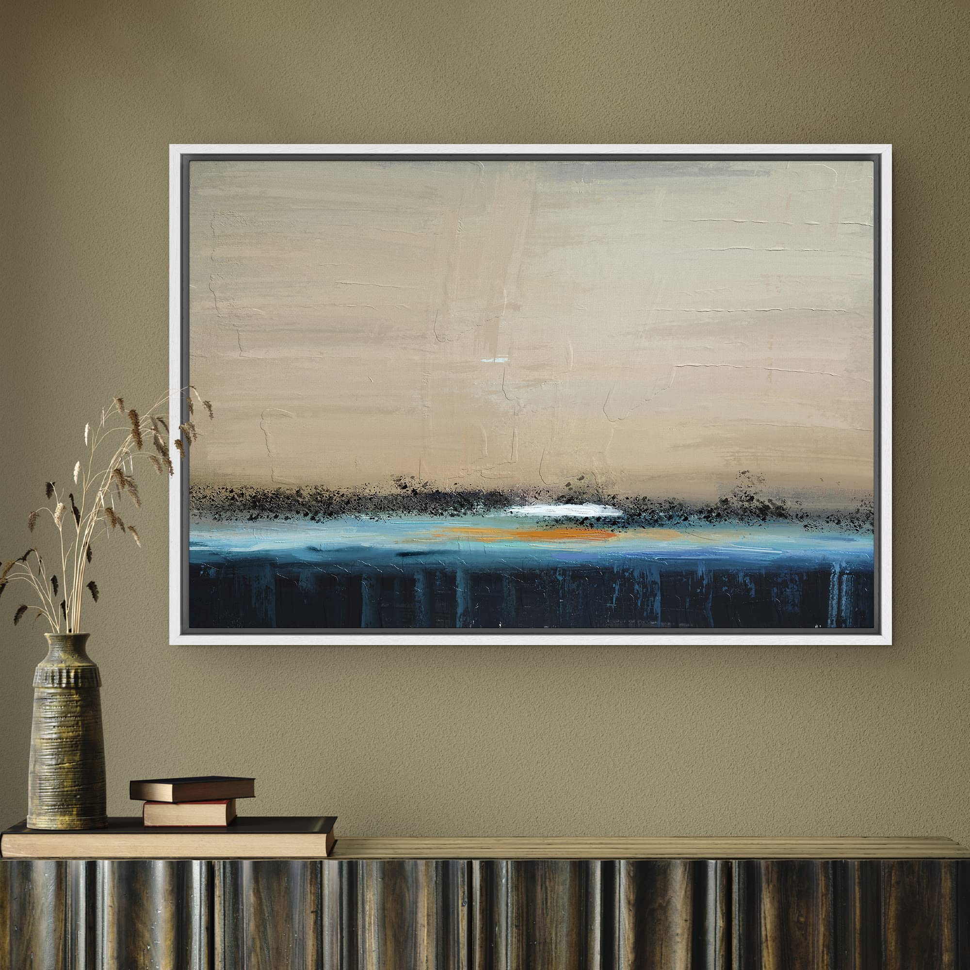 Signwin Framed Canvas Print Wall Art Grunge Tan Gold Blue Color Field Landscape Abstract Shapes Illustrations Modern Art Decorat