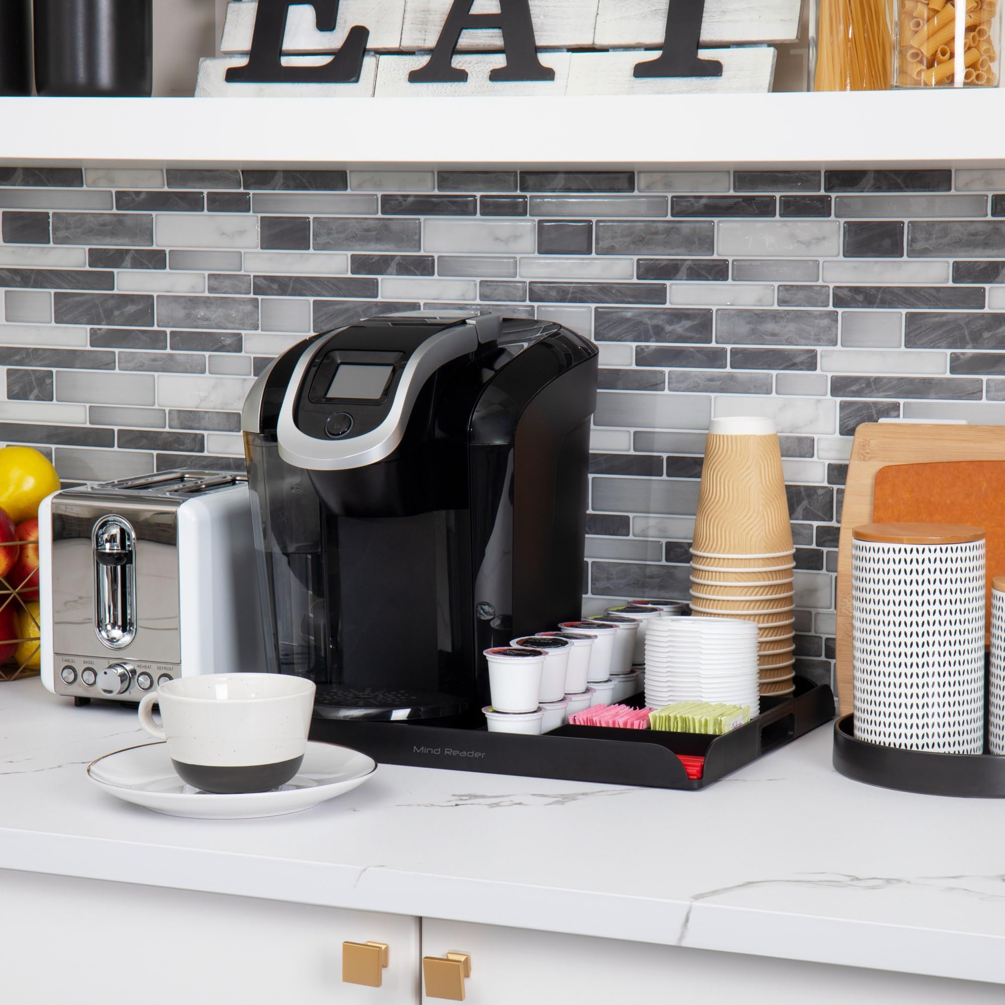 Mind Reader Coffee Station Serving Tray, 7 Pod Capacity, Countertop Organizer, Storage, 17.5'' L X 13.25'' W X 1.25'' H, Black