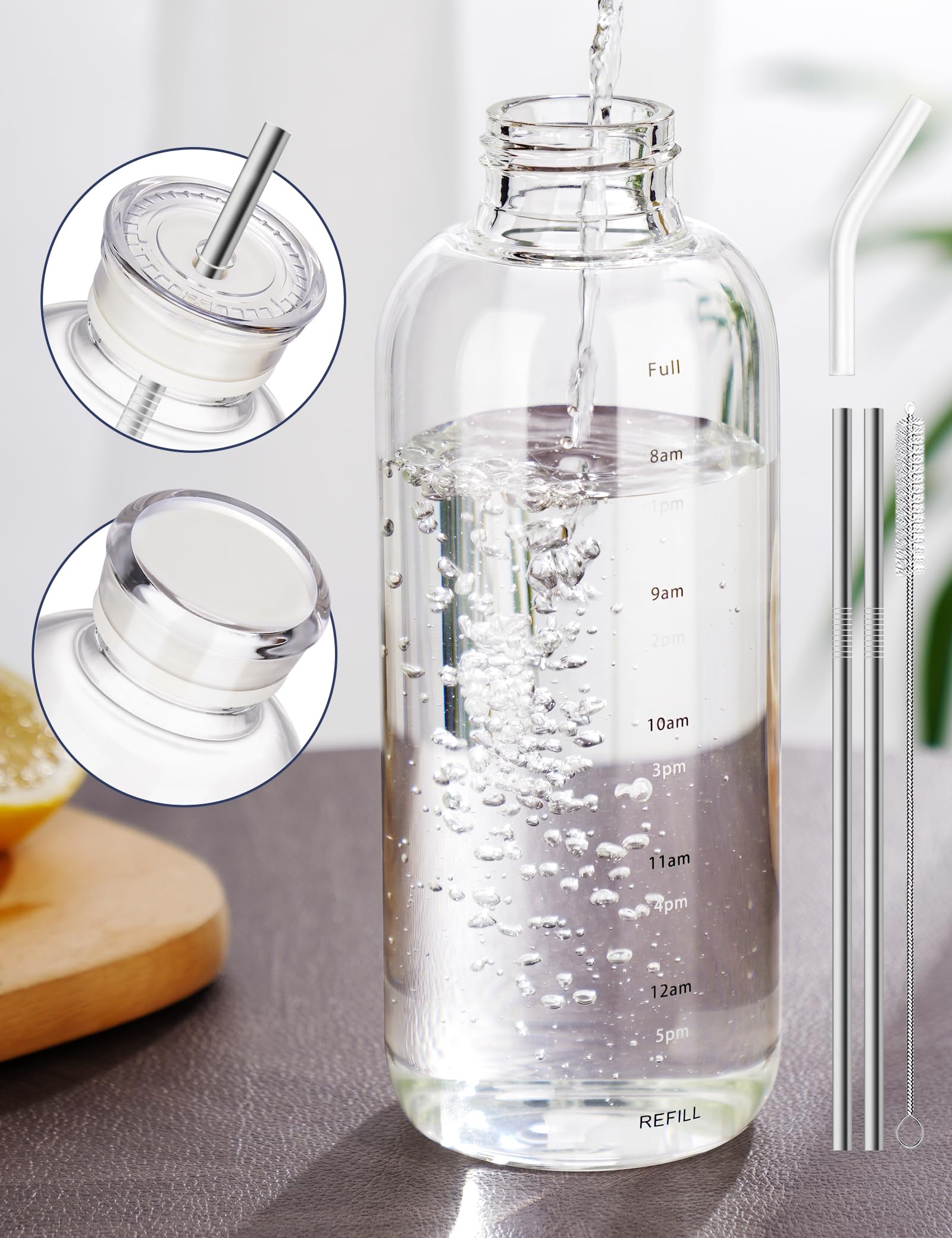 NiHome 25oz/750ml Clear Glass Water Bottle with 2 Caps & Stainless-Steel Straw, Temperature Resistant Durable High Borosilicate 