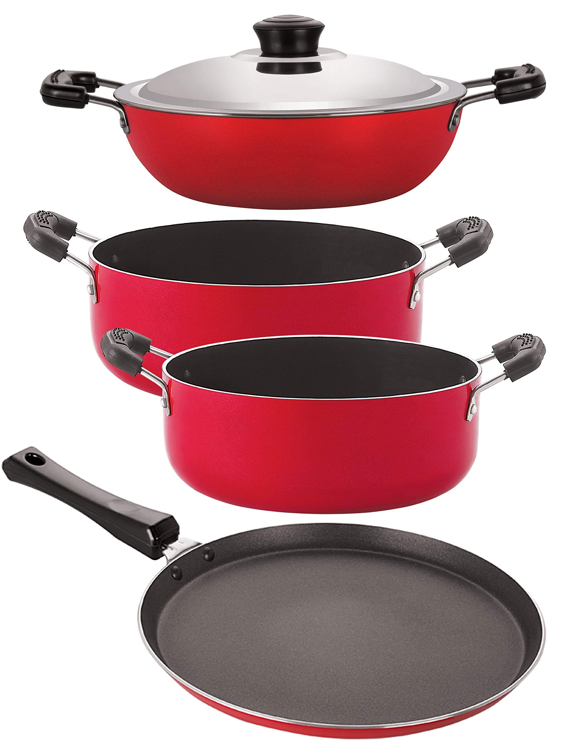 Nirlon NonStick Aluminium Cookware Essential Combo Gift Set Of 4 Pieces With Bakelite Handle (Ft10_Dkd(B)_Cs22_Cs24)