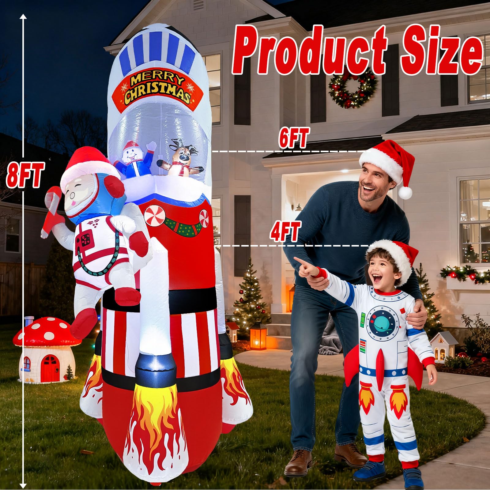 UoVeHoin 8FT Christmas Inflatables Space Outdoor Decorations, Blow Up Santa Claus Snowman Reindeer Rocket Yard Decoration Built-