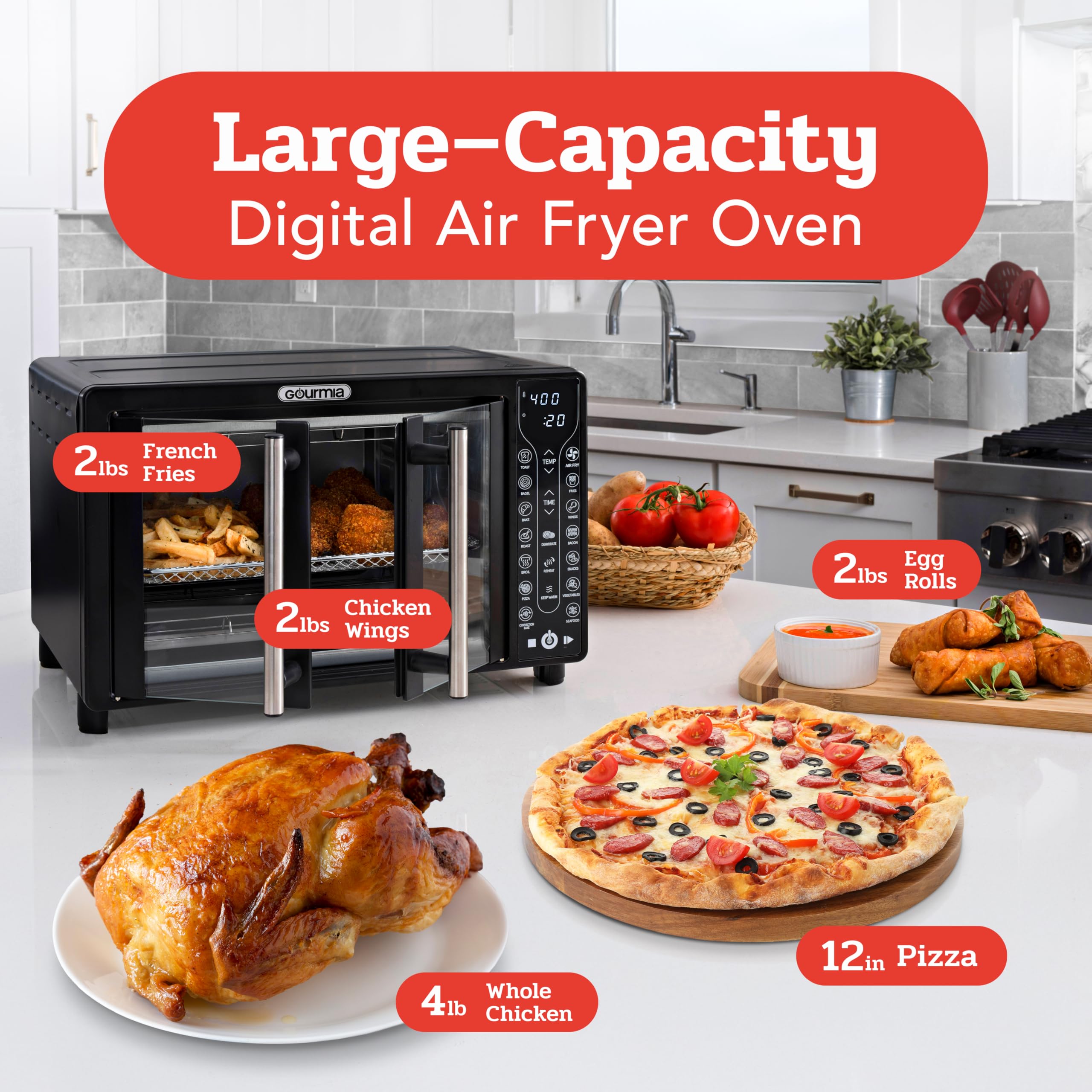 Gourmia Toaster Oven Air Fryer Combo, 1700W, 24L Capacity, Large, Black, Model GTF7460, 17 Cooking Presets, Includes Accessories