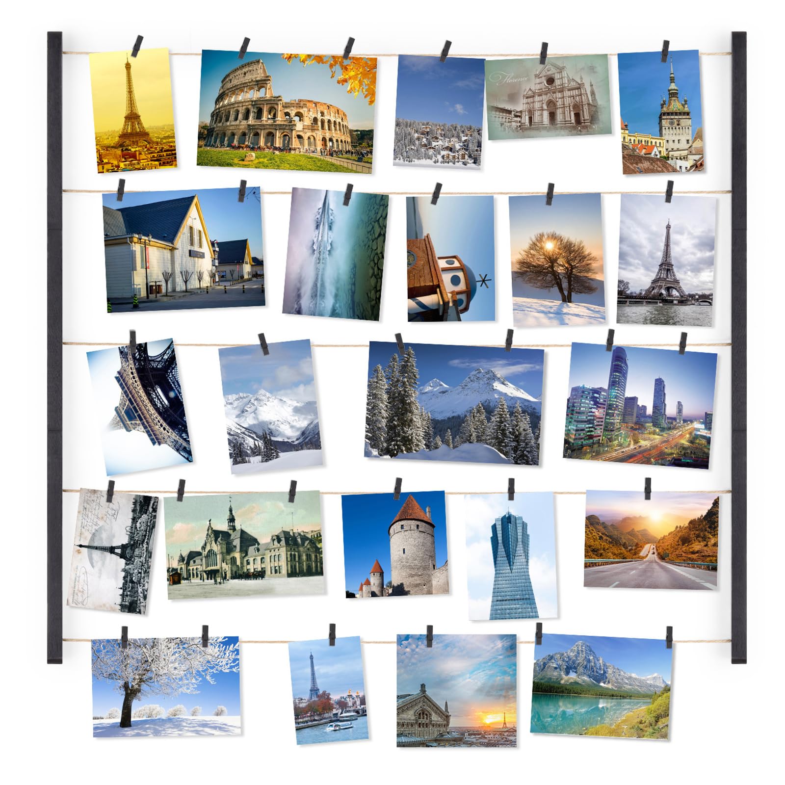 Love-KANKEI Wood Picture Frame Collage Photo Display Frame 26  29 inch with 30 Clips and Adjustable Twines Collage Artworks Prin