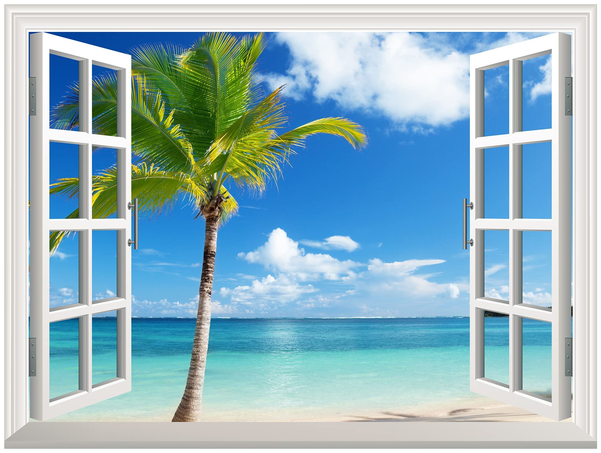 Wall26 Grand Waterfall Green Mountain Open Window Mural Wall Sticker (24''X32'', Tropical View)