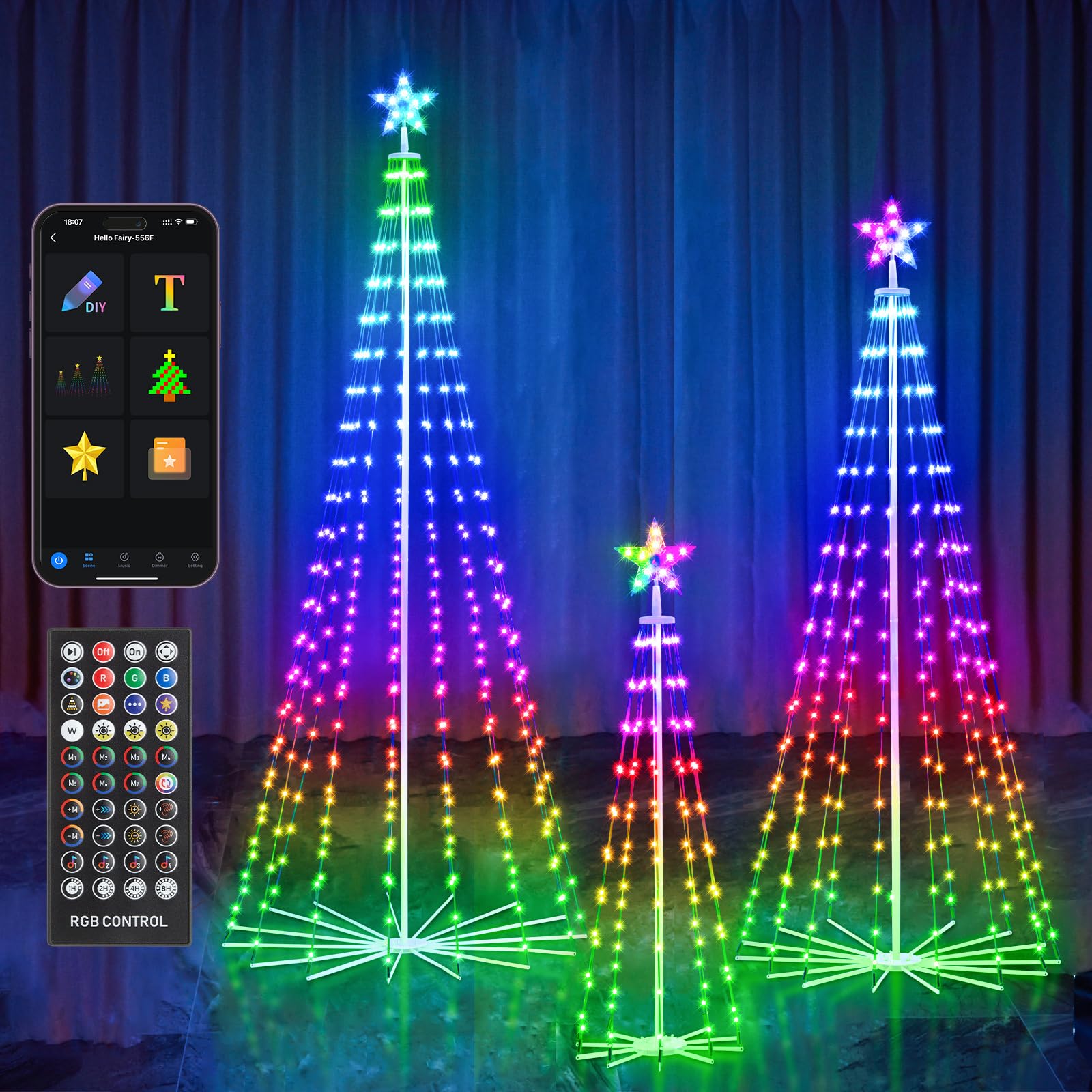 HOLILLUMA Outdoor Christmas Tree, 3-Pack RGB Color Changing Pre-Lit Smart Cone Christmas Tree with LED Lights, App & Remote Cont
