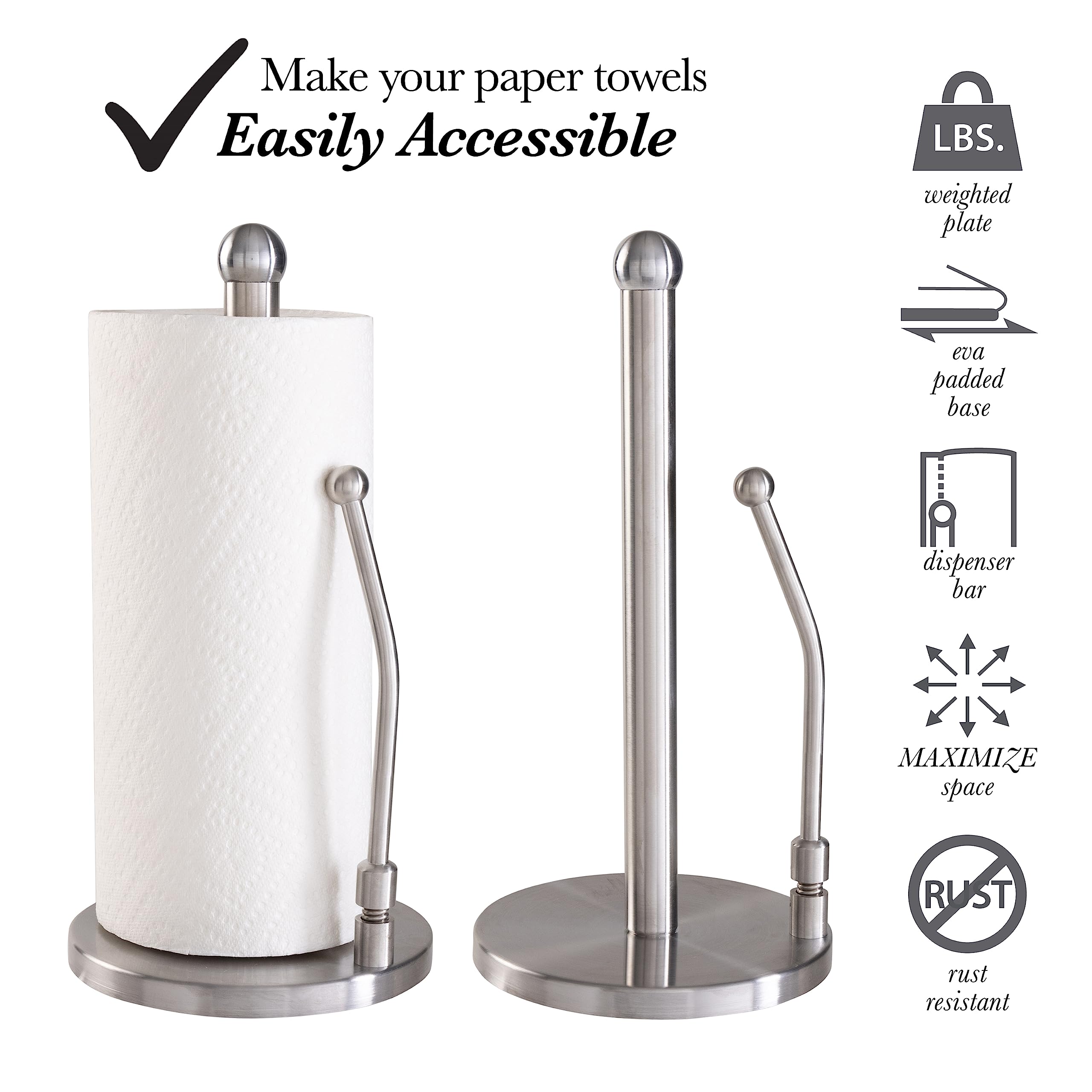 Kitchen Details Stainless Steel Paper Towel Holder | Tension Dispenser Bar | Easy Tear | Weighted Base | Standard Roll | Counter