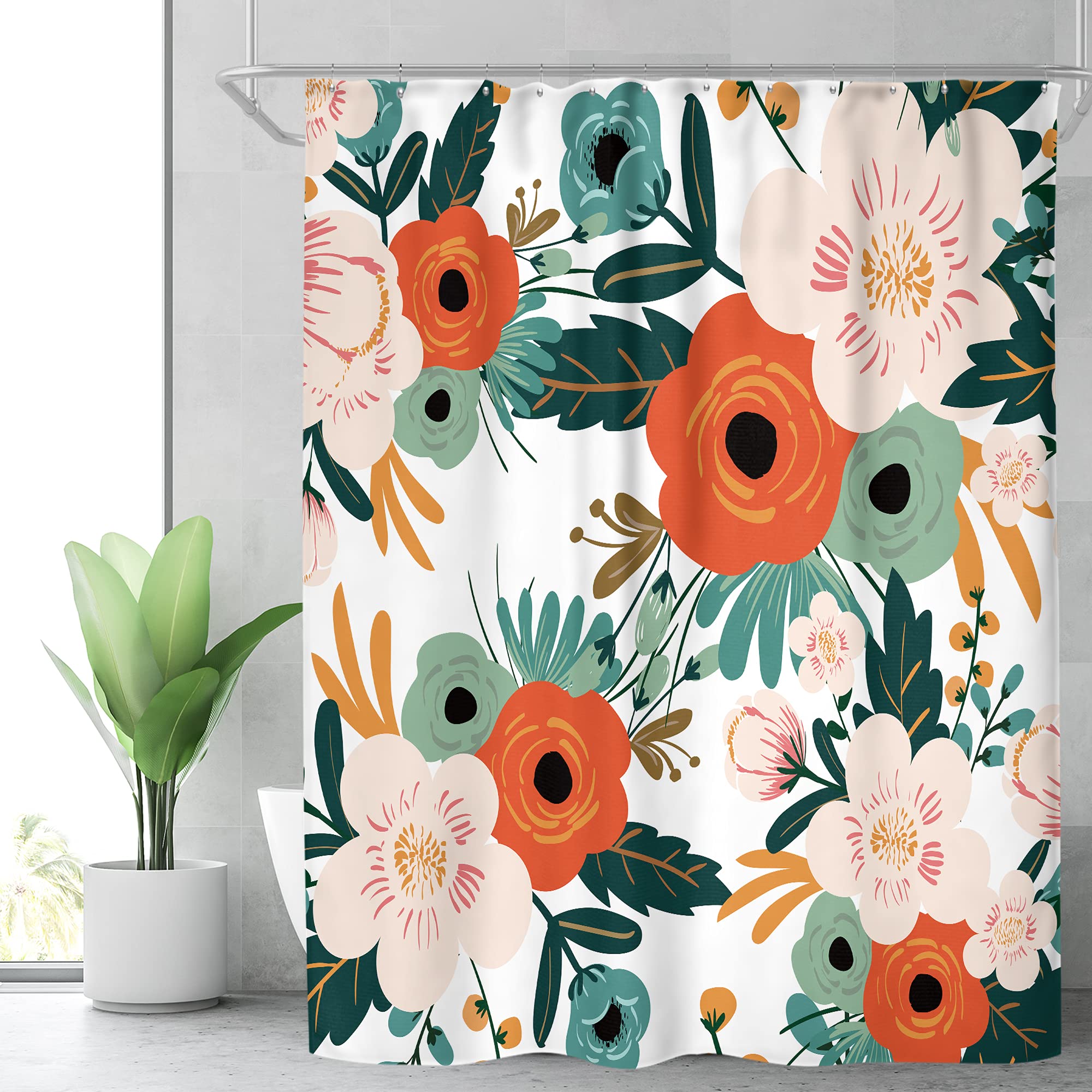 Riyidecor Extra Long Floral 72Wx78H Inch Shower Curtain Set Flower Spring Season Green Leaves Orange Women Bathroom Decor Fabric