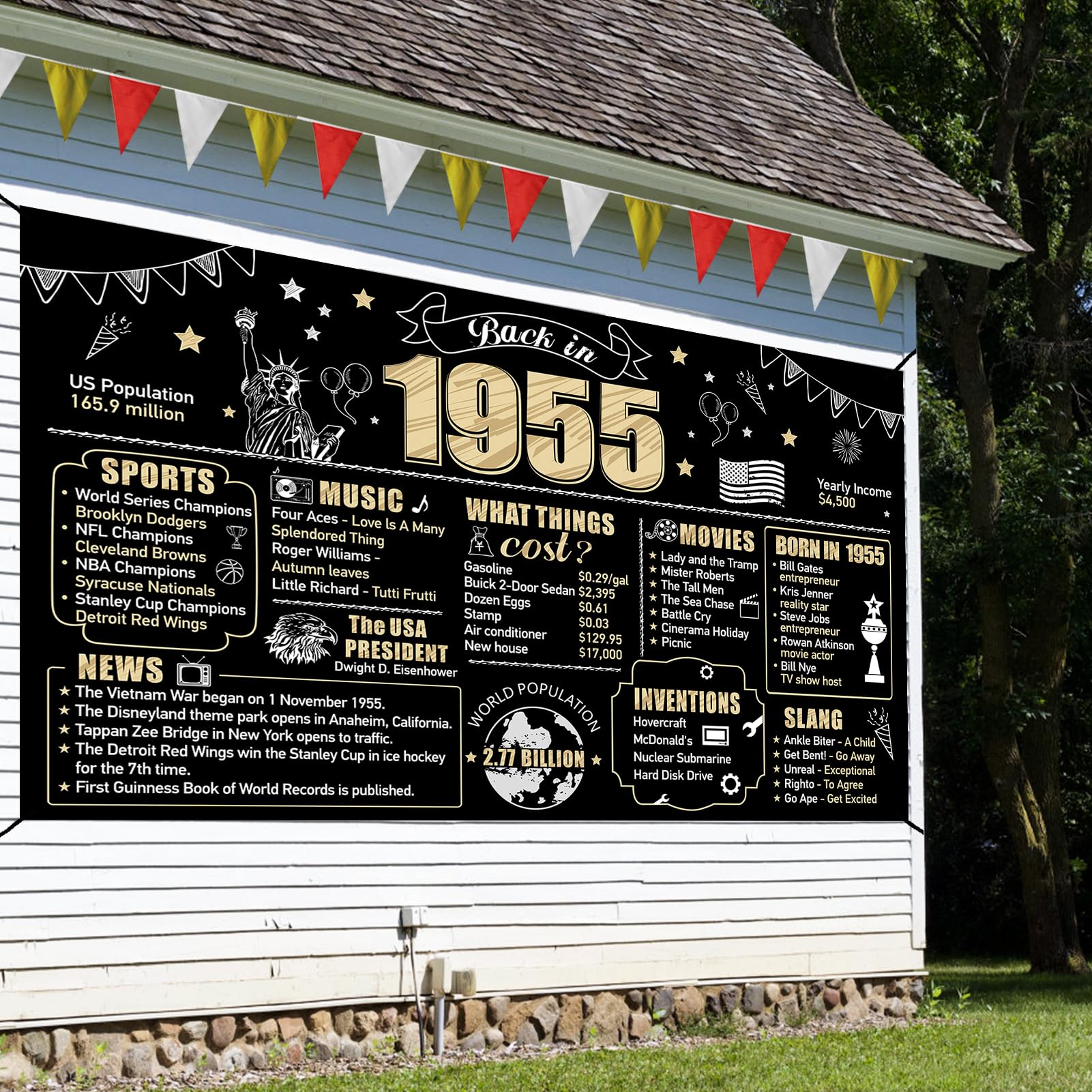 Eiurteao 70th Birthday Banner Decorations Back in 1955 Backdrop for Women Men, Black Gold Happy 70 Birthday Sign Party Supplies,