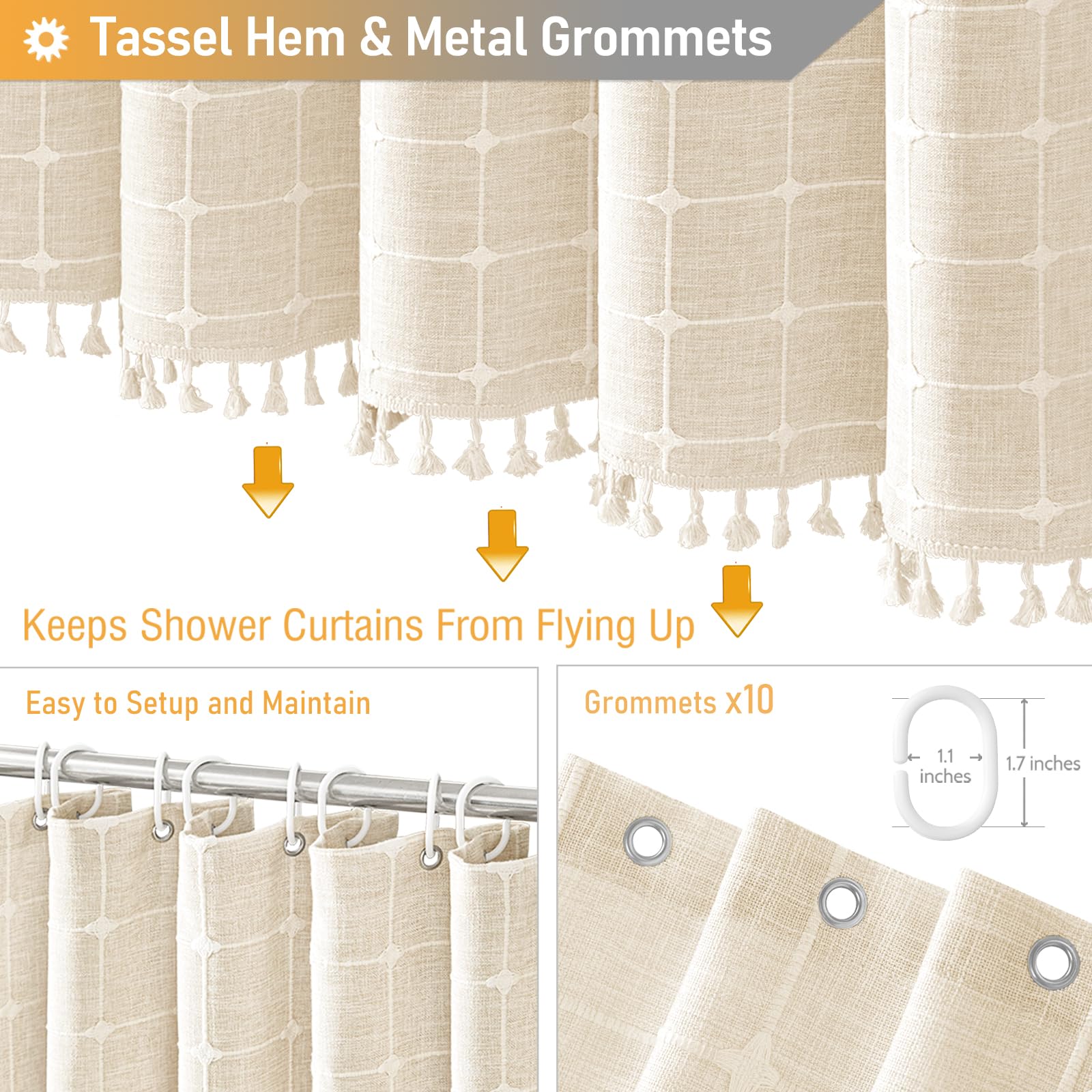 Bttn Stall Shower Curtain - 60X84 Long Boho Farmhouse Linen Weighted Fabric Shower Curtain Set With 10 Plastic Hooks, Narrow Boh