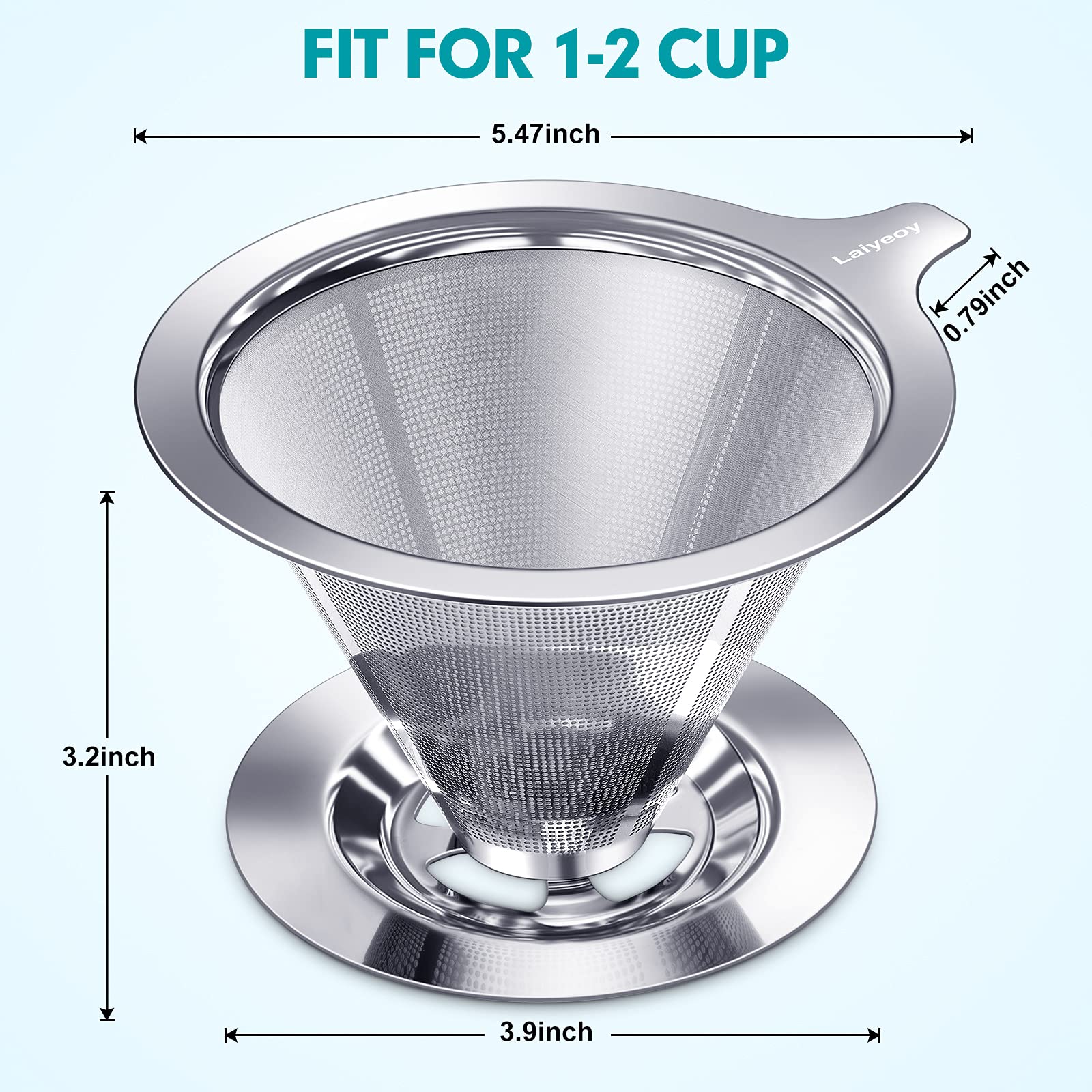 Laiyeoy Stainless Steel Pour Over Coffee Dripper, Reusable Cone Filter, 5.47x4.69x3.19 inches, Silver, Double Mesh Design